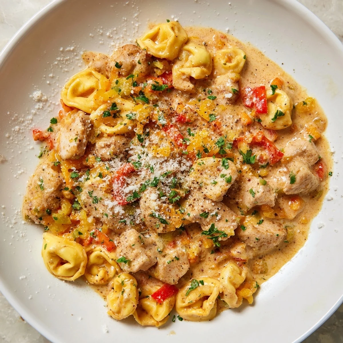 Creamy Zesty Cajun Garlic Parmesan Chicken Tortellini, a flavorful pasta dish with tender chicken pieces.