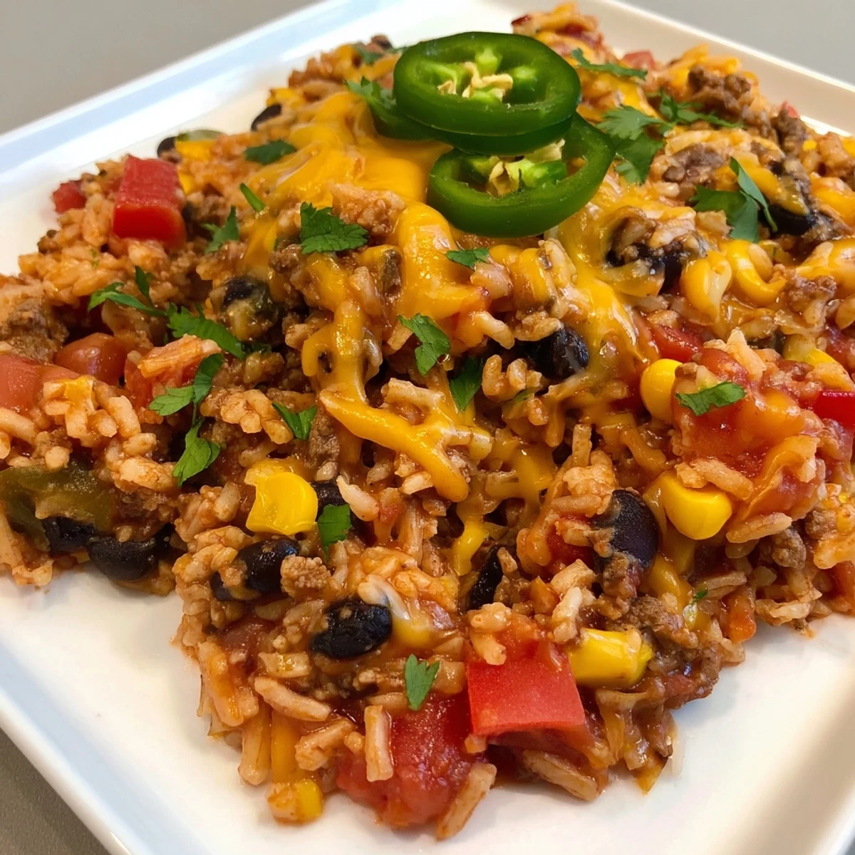 Steaming Tex-Mex Beef & Rice Casserole, with a bubbly cheese topping, and fresh cilantro garnish.