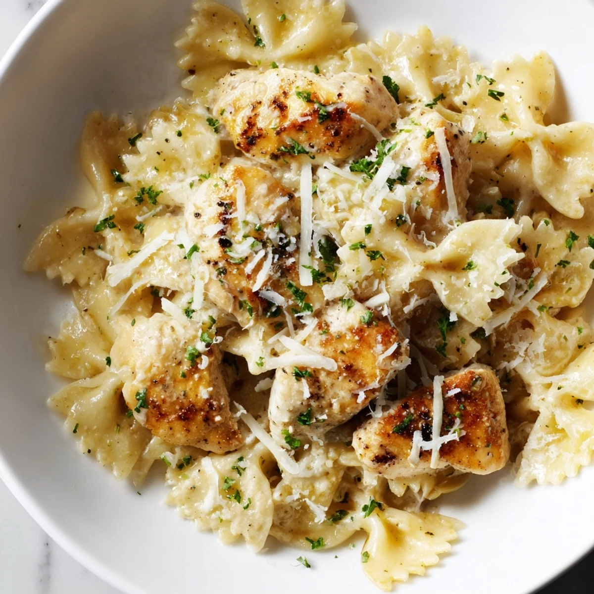 This photo shows bubbling mozzarella garlic butter chicken bowties, steaming hot and ready to eat with fresh parsley.
