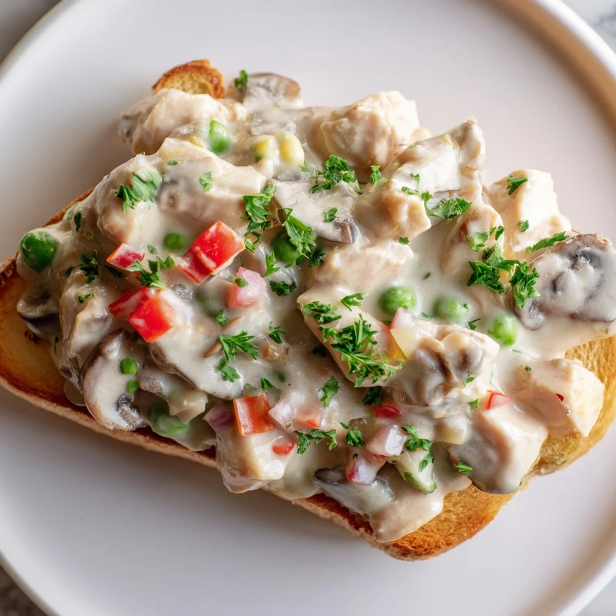 Tender chicken à la king, with mushrooms and peas, generously spooned over golden, buttered toast for brunch.