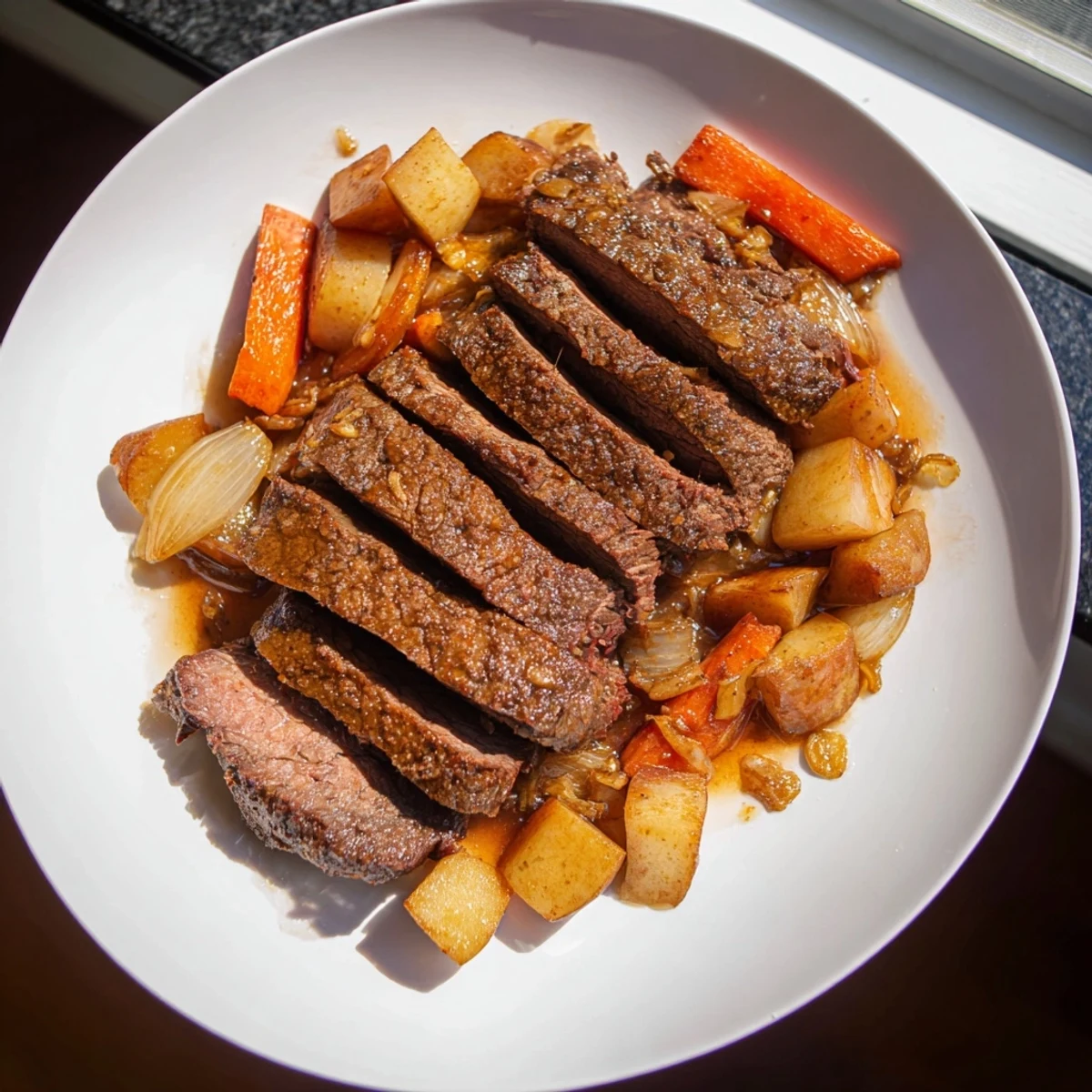 Tender Sunday Pot Roast with flavorful roasted root vegetables, a comforting weeknight meal.