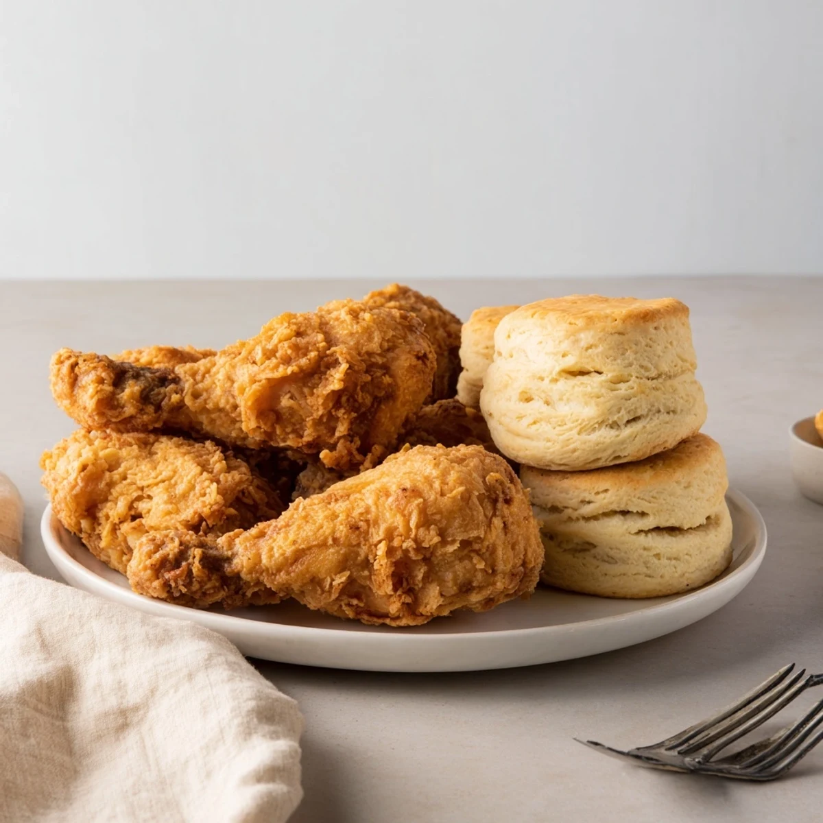 Homemade buttermilk biscuits alongside perfectly cooked Southern fried chicken for a delicious, Southern family dinner.