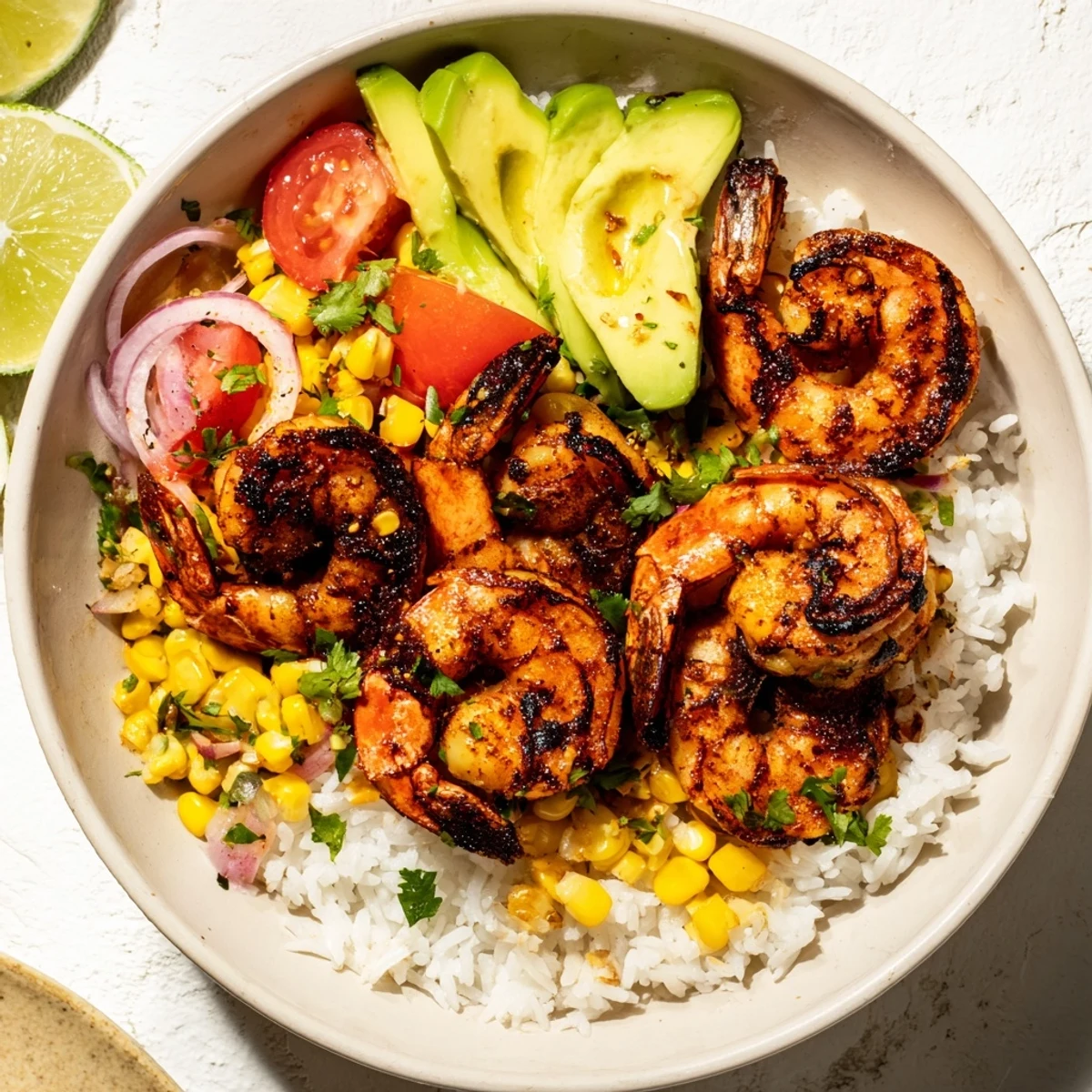 Savory grilled shrimp bowl with avocado salsa: imagine the vibrant colors—tender shrimp atop fluffy rice.