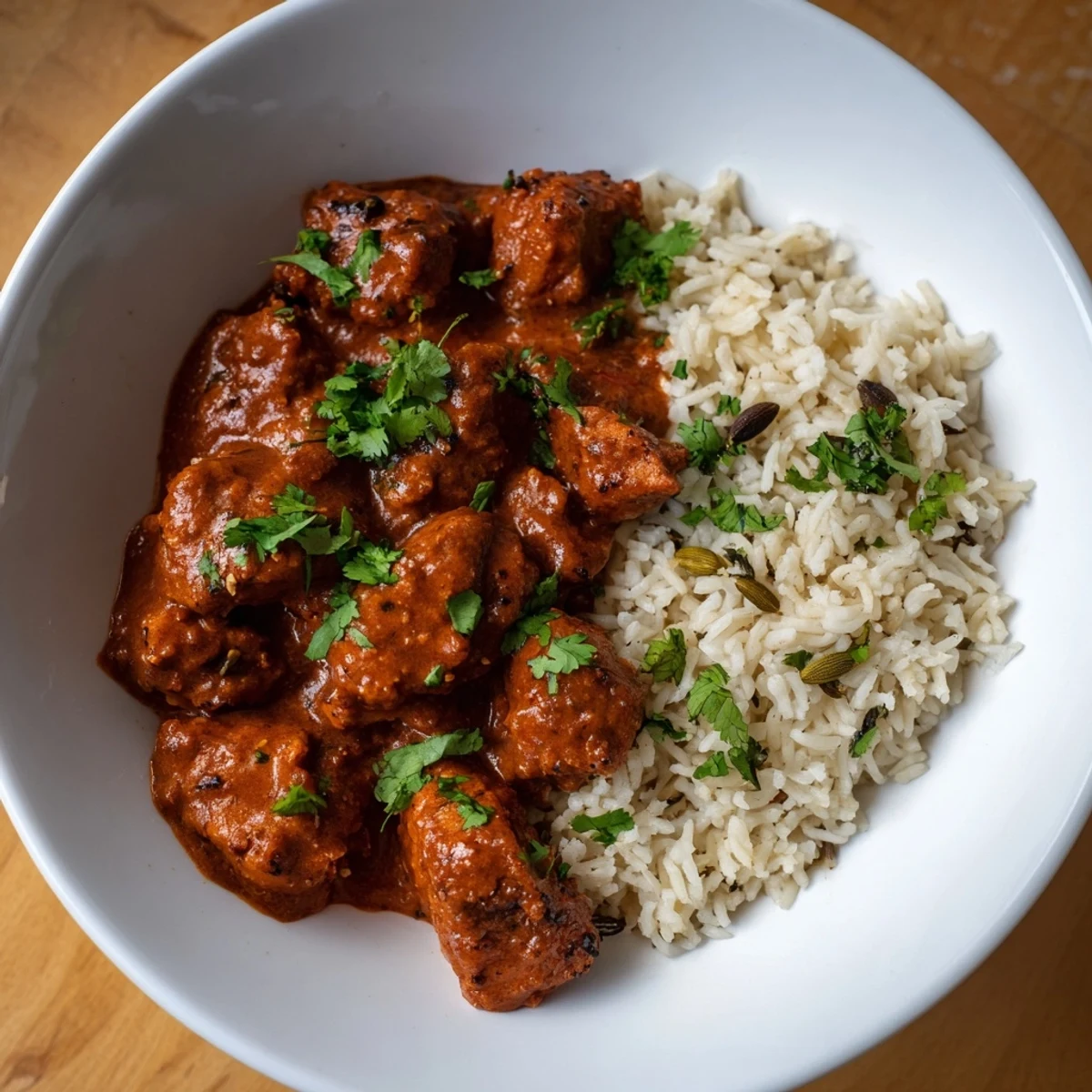 Fragrant basmati rice pilaf next to a vibrant serving of savory butter chicken in a photo.