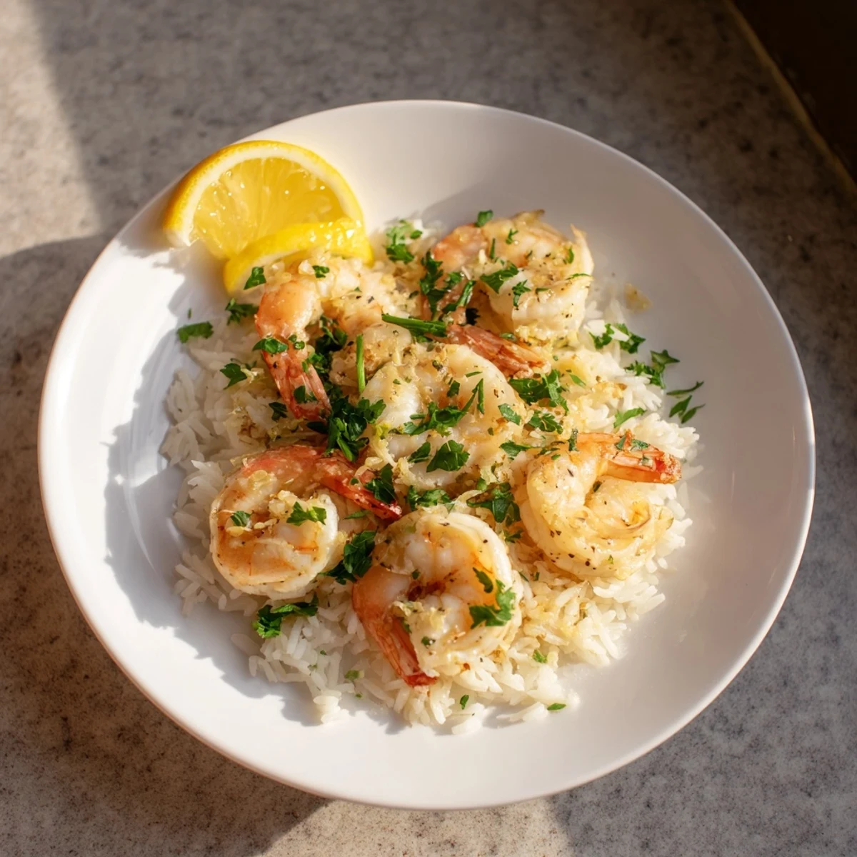 Golden garlic butter shrimp rice bowl, a flavorful dish with fresh parsley garnishes and lemon.