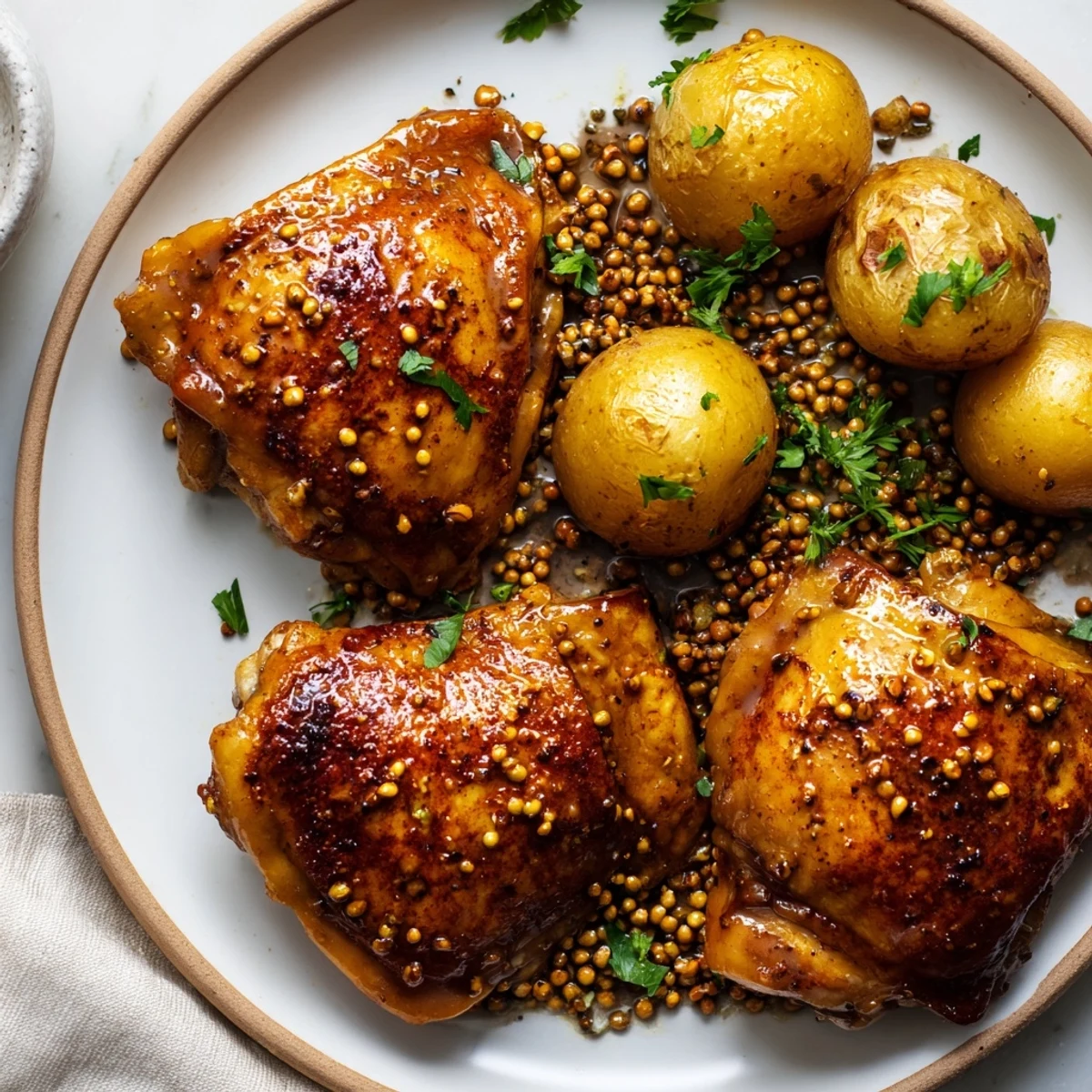 Savory Honey Mustard Chicken with tender potatoes, perfect for a weeknight meal and a gluten-free diet.