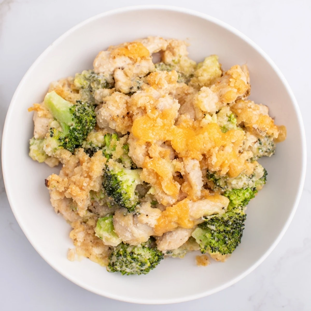 Creamy Cheddar Broccoli Chicken Bake topped with buttery breadcrumbs, perfect for a family dinner tonight.