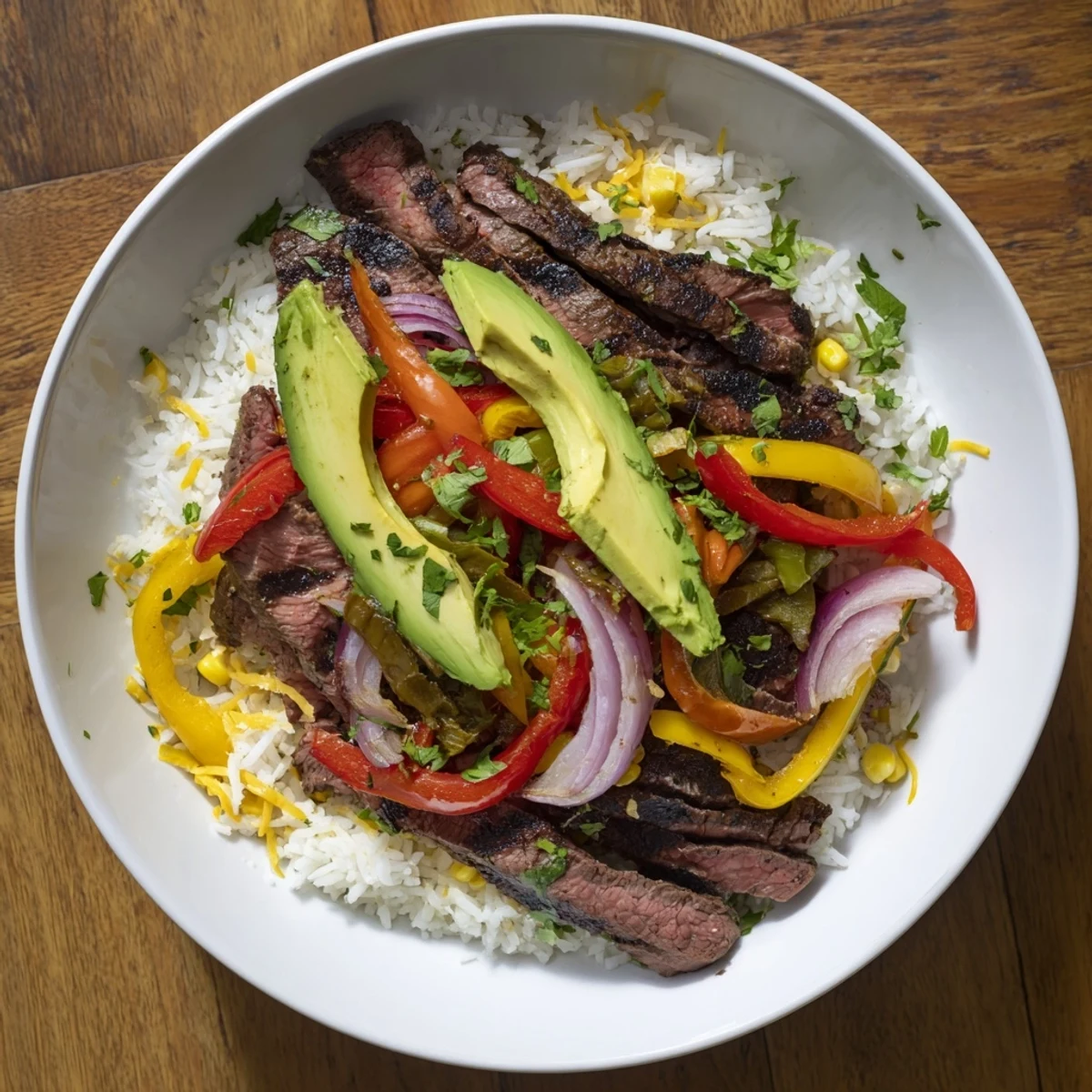 Smoky grilled steak and colorful peppers star in this delicious BBQ Steak Fajita Bowl ready to eat.