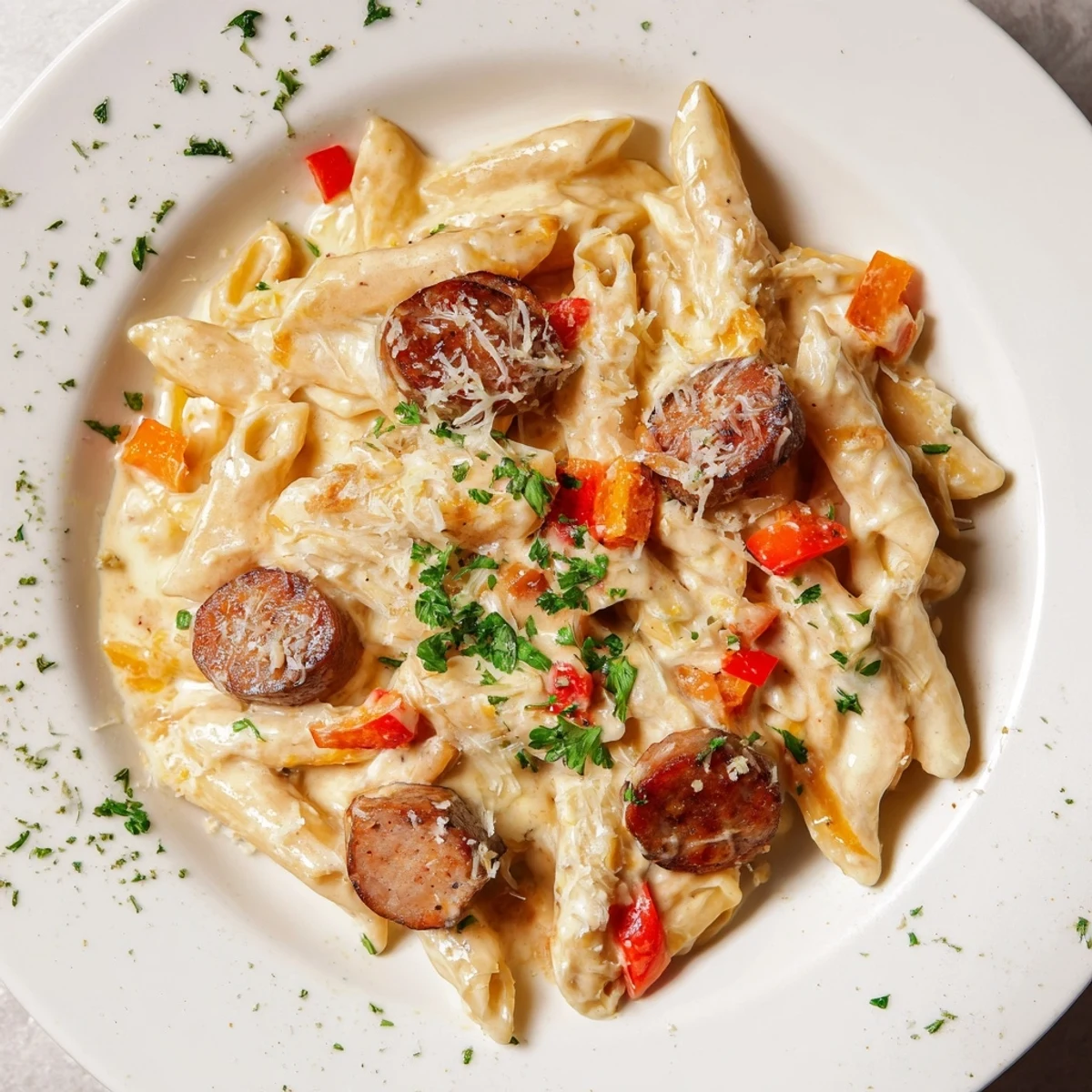 Golden, bubbly smoked sausage & cheddar pasta bake ready to be served, a comforting dish.