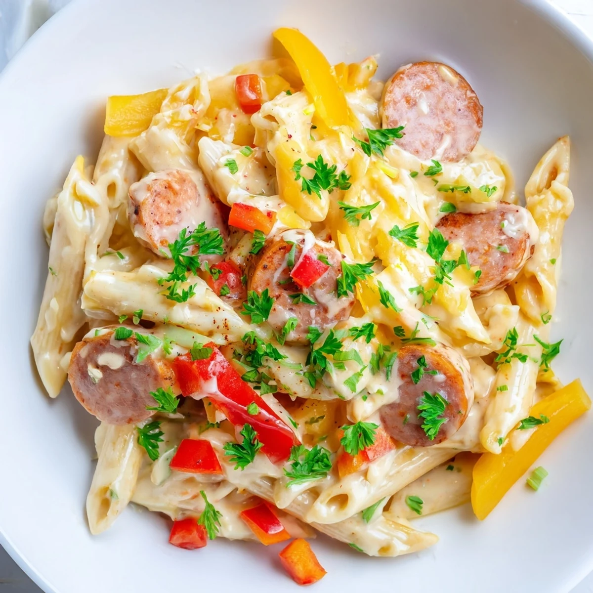 Steaming hot smoked sausage and cheddar pasta bake, a satisfying family dinner casserole.