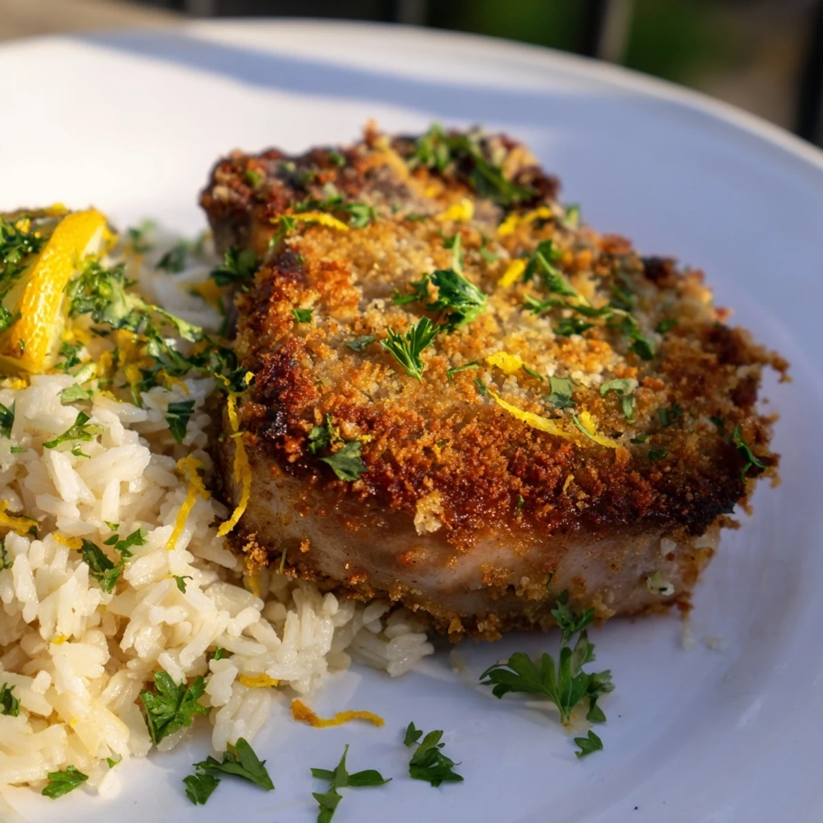 Golden, crispy Parmesan Herb Pork Chops served alongside fluffy rice, a satisfying dinner.