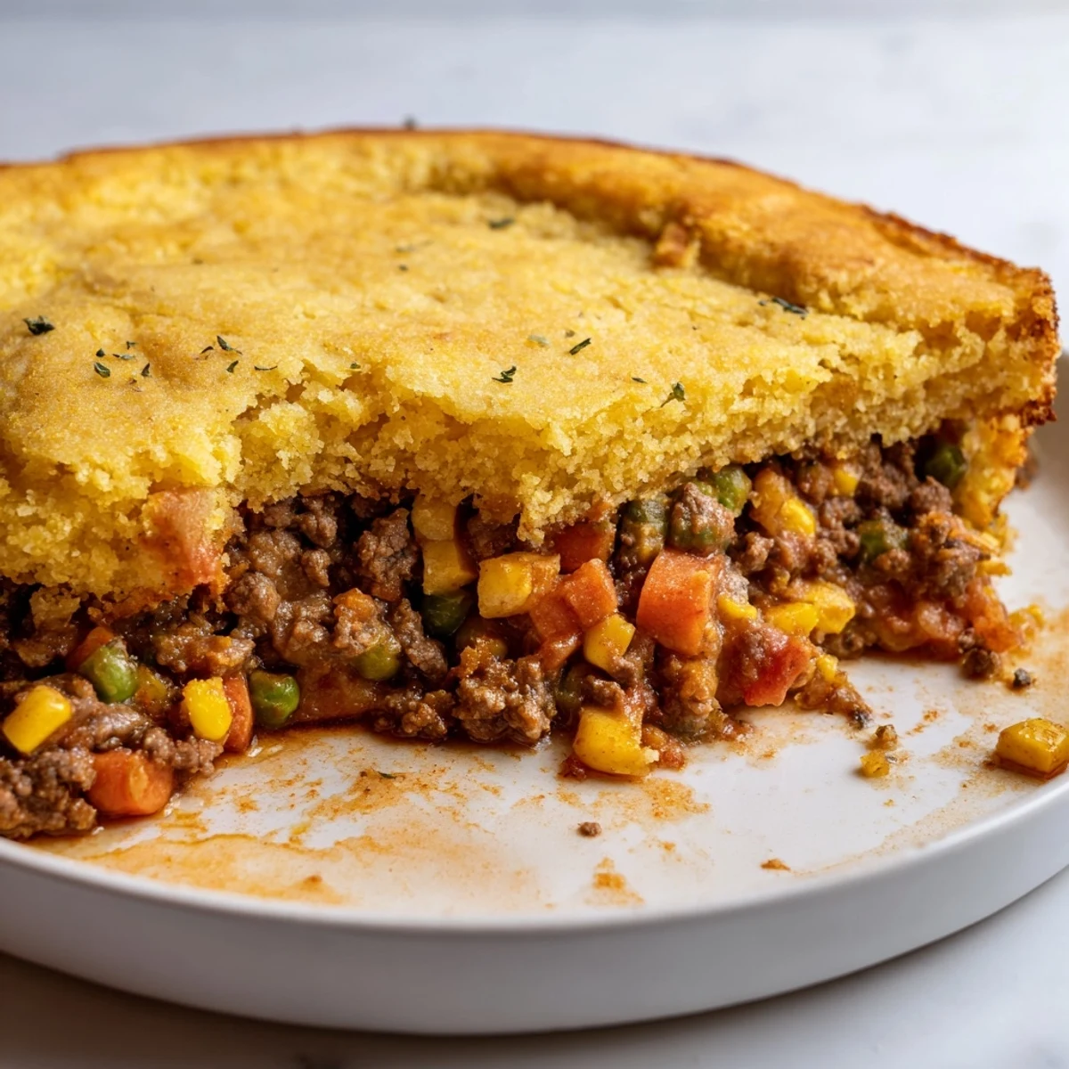Golden brown cornbread crust topping a steaming hot Cornbread Crusted Beef Pie, ready to serve!