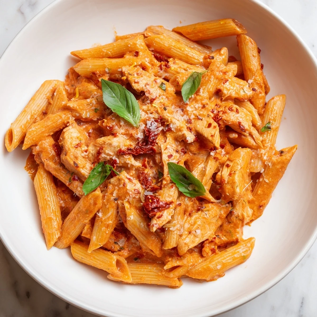Creamy Tomato Basil Chicken Pasta: a comforting bowl of pasta swimming in rich, red tomato sauce and herbs.