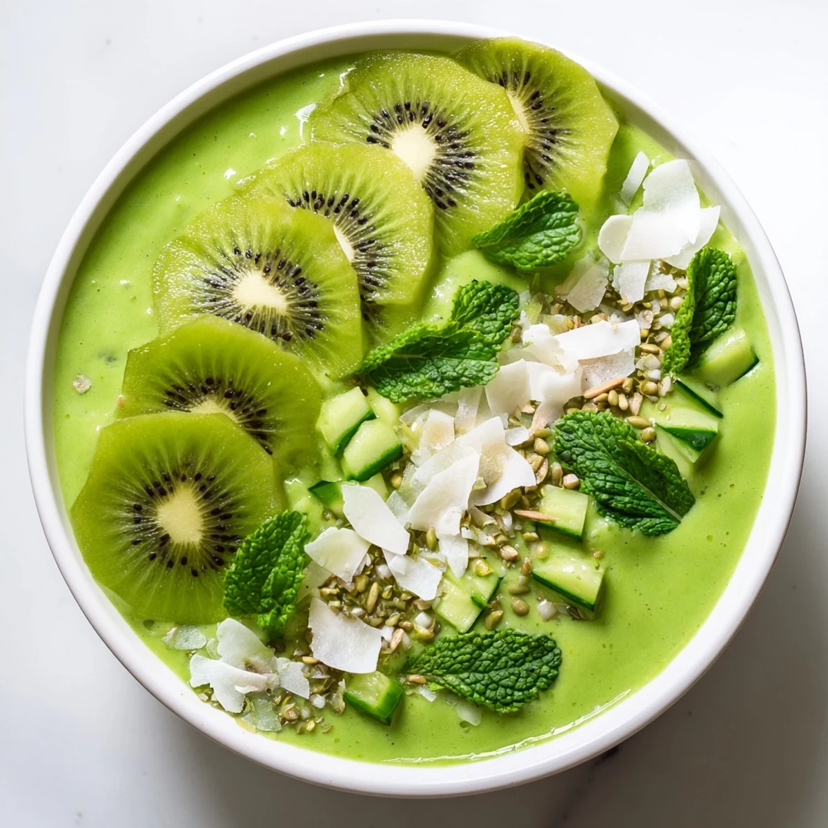 Creamy green smoothie bowl featuring kale, kiwi & avocado, beautifully topped and ready to eat.