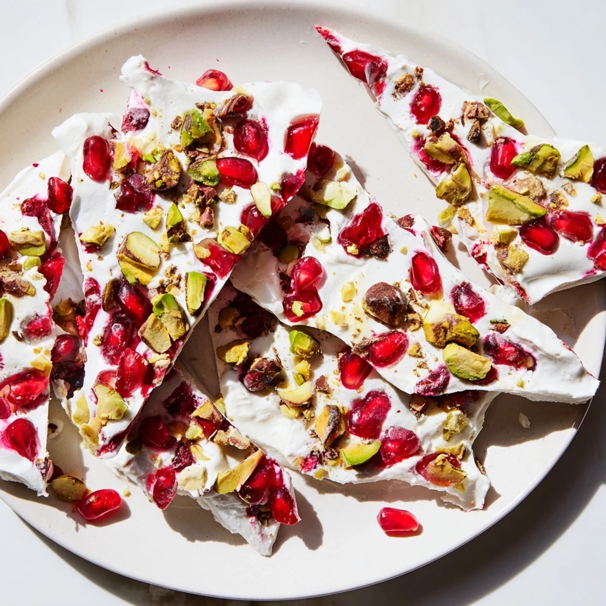 Homemade Frozen Yogurt Bark topped with vibrant pomegranate seeds and pistachios, ready to serve.