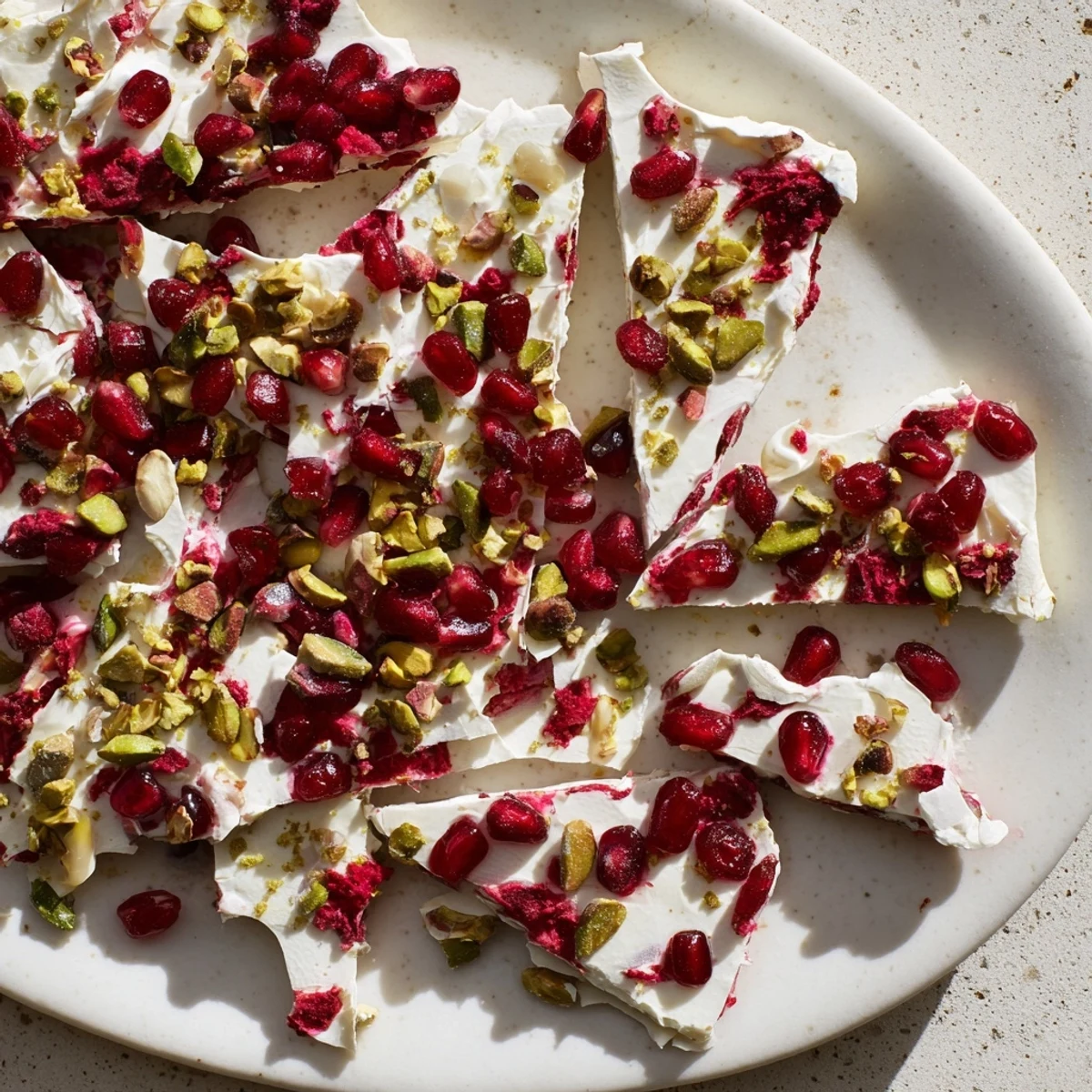 Delicious Frozen Yogurt Bark: a refreshing treat featuring colorful pomegranate and crunchy pistachios, frozen solid.