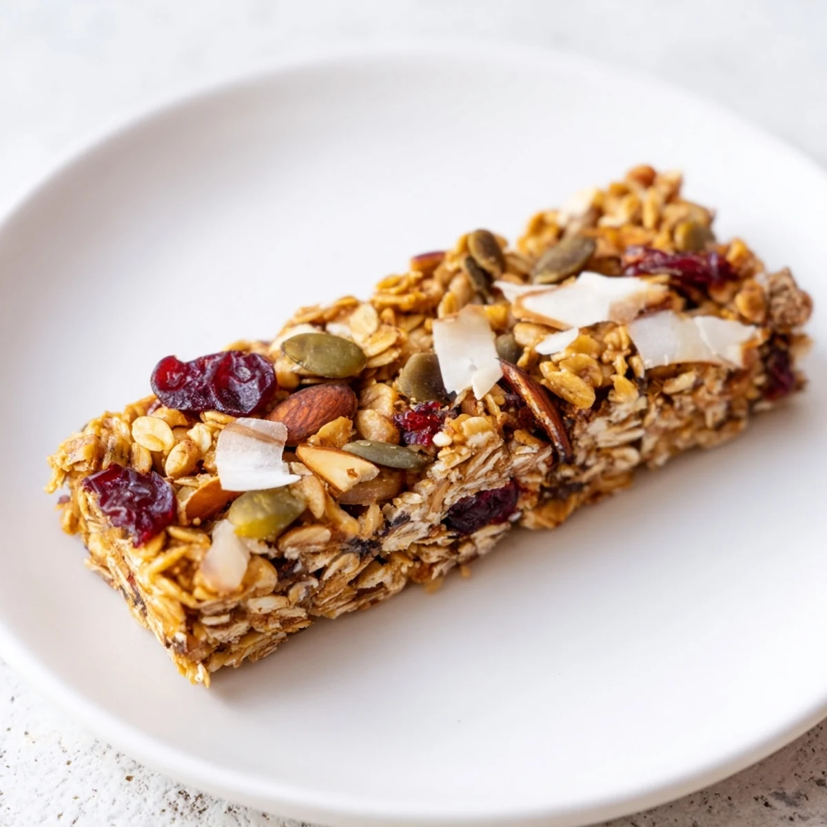 Golden-brown Roasted Pumpkin Seed & Cranberry Granola Bars, offering a satisfying crunch and chewy texture.