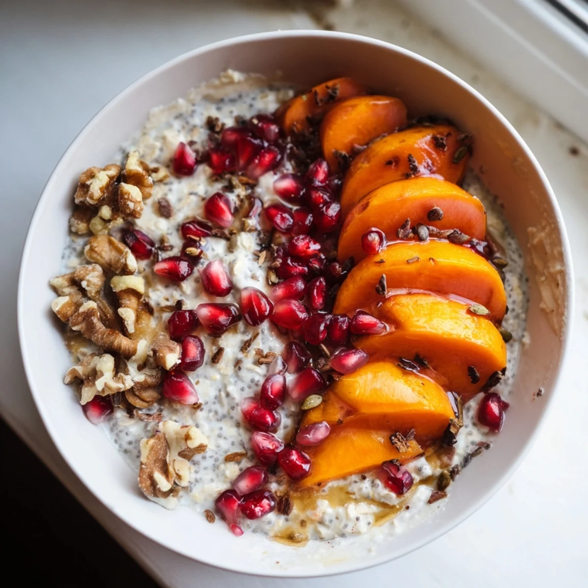 Freshly prepared Overnight Oats with Persimmon, a healthy breakfast featuring colorful pomegranate and chia.