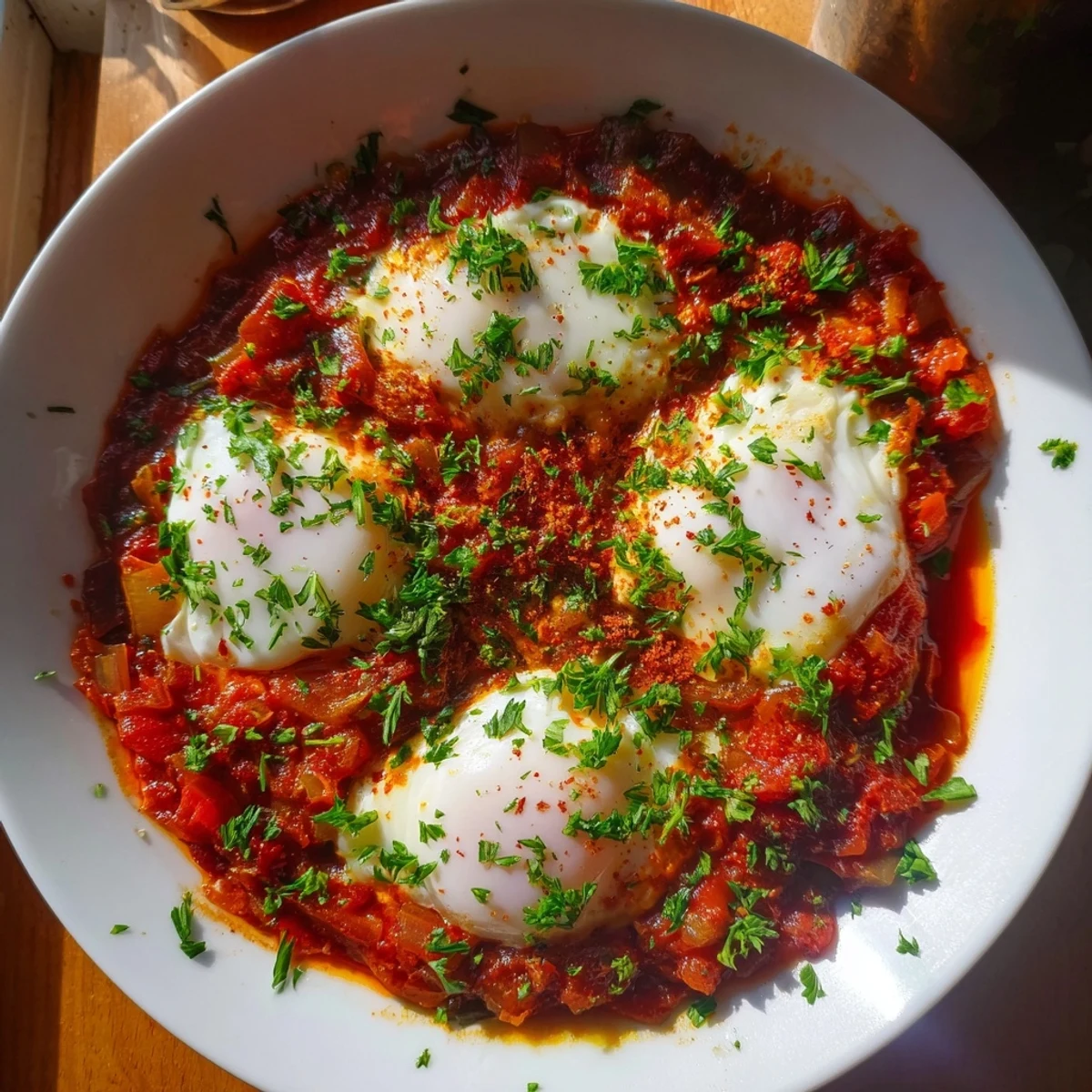 A colorful skillet of shakshuka, the warm tomato sauce bubbling around perfectly poached eggs.