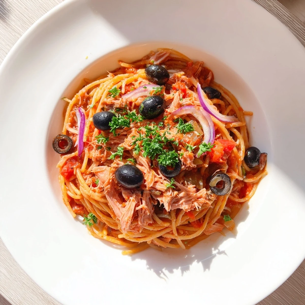 Golden spaghetti noodles tossed with tuna, olives, and capers in a savory tomato-based Pasta with Tuna.