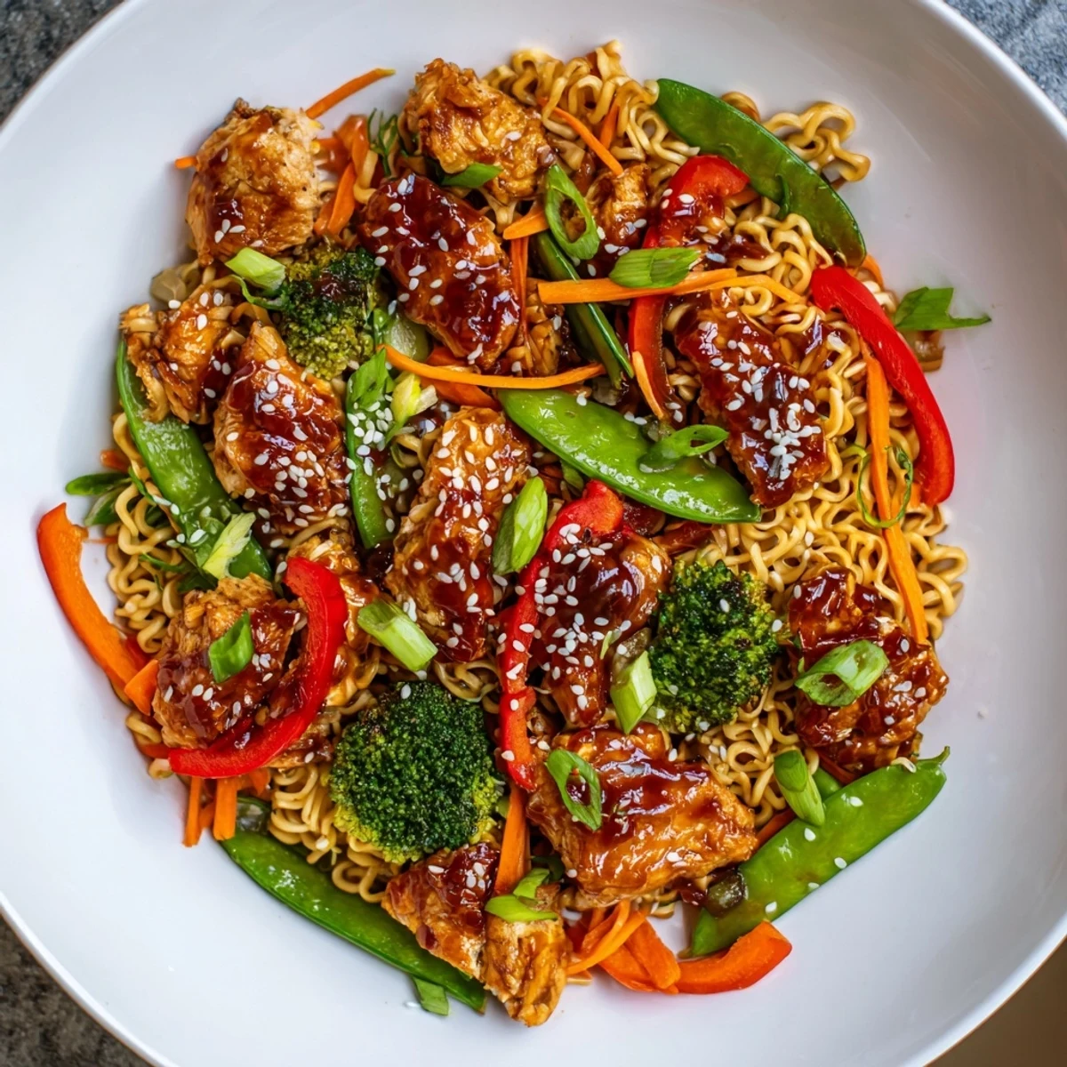 Golden-brown sheet-pan crispy ramen with chicken, colorful veggies, and a flavorful sauce.