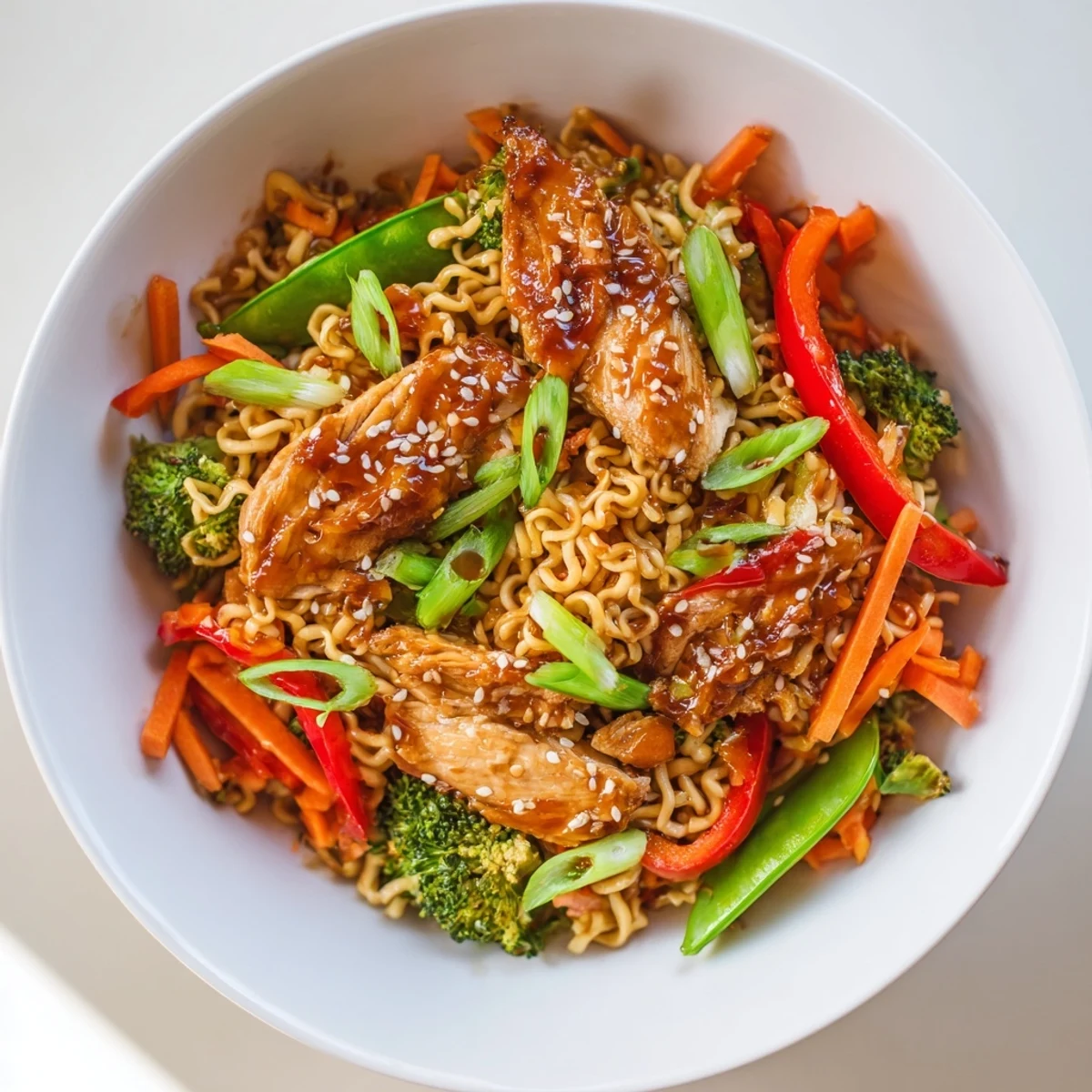 This image shows a sheet-pan crispy ramen, featuring chicken, vegetables, and sesame seeds.