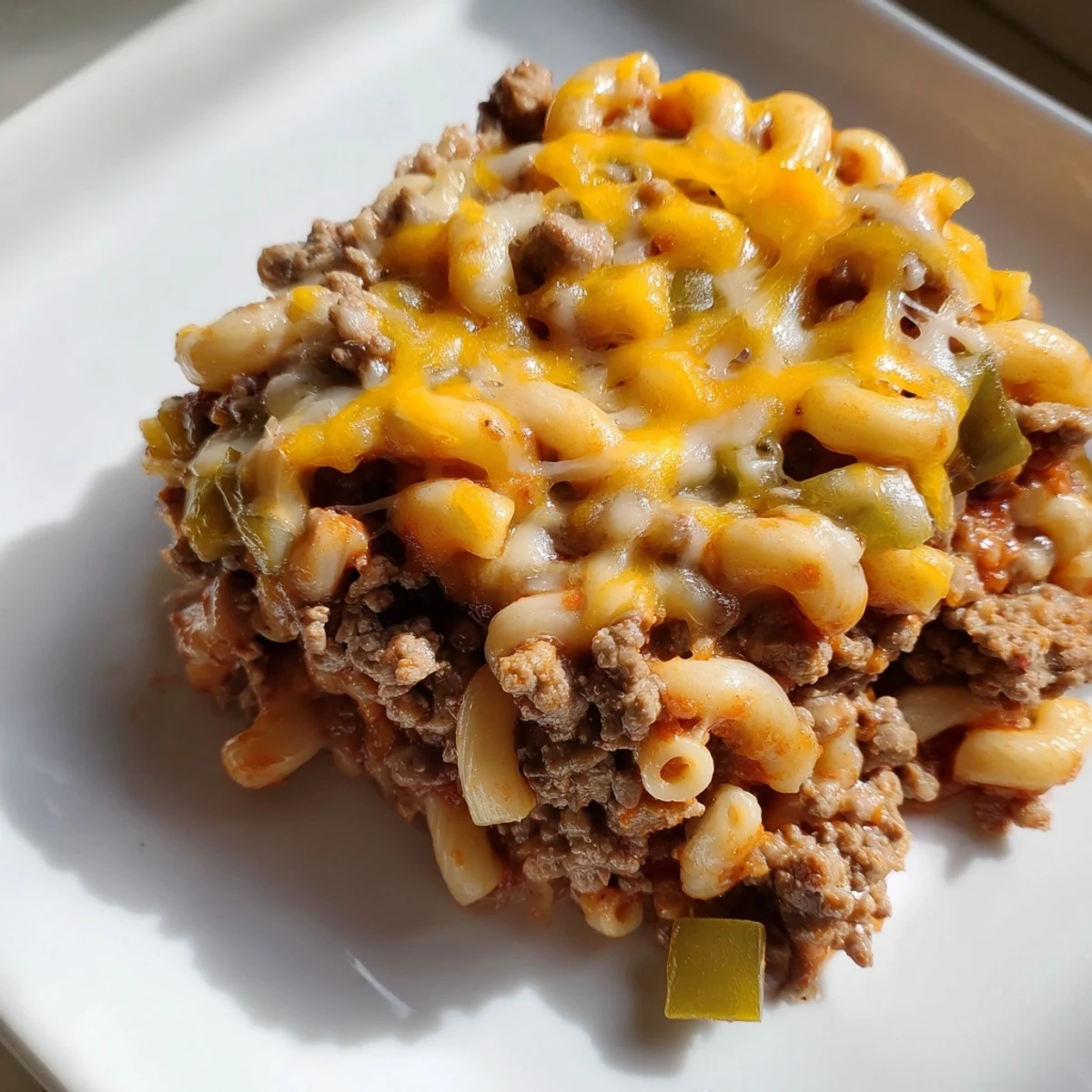 A hearty plate of Hamburger Casserole, overflowing with pasta, ground beef, and a savory tomato sauce.
