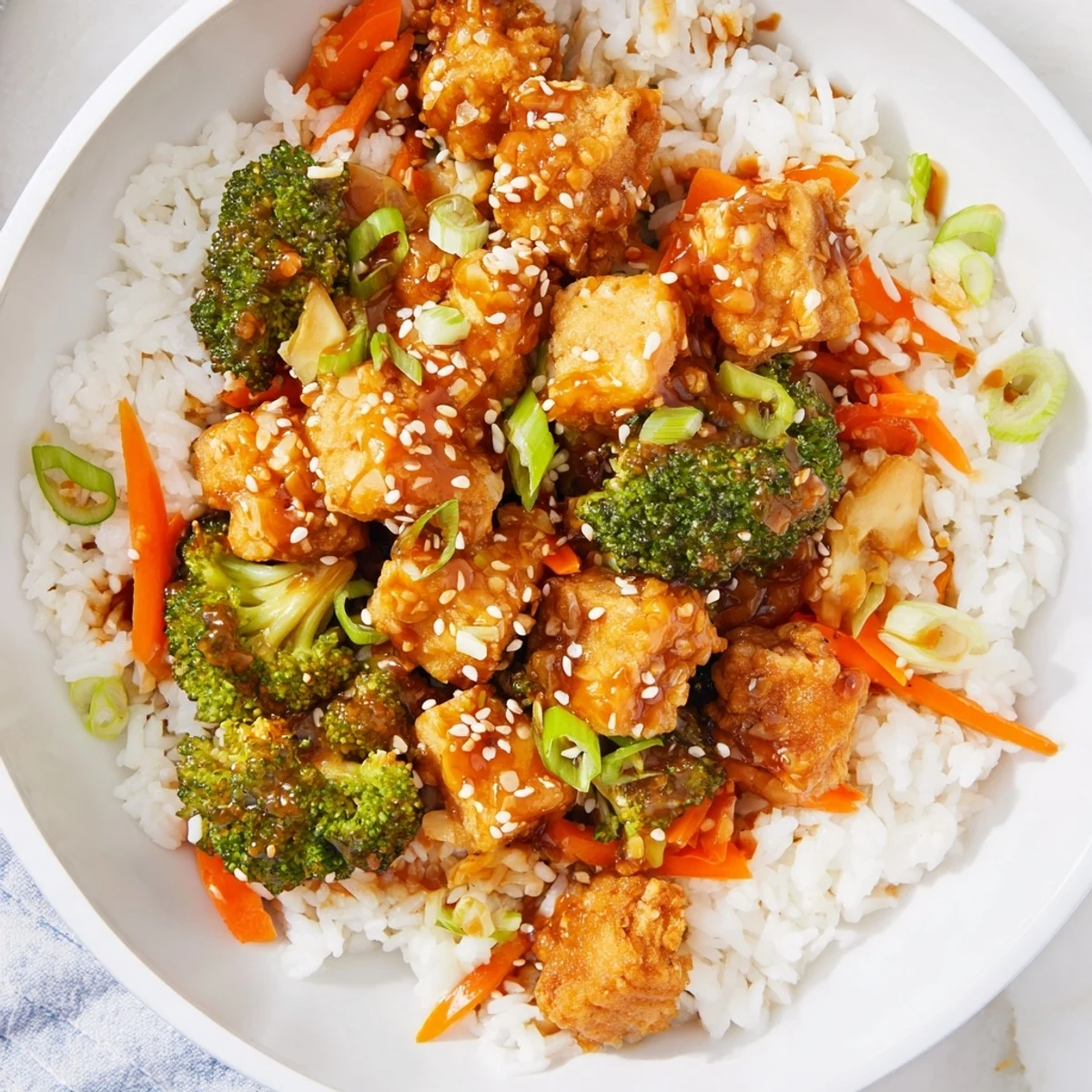Golden, crispy Sesame Tofu & Broccoli with rice, a delicious and easy Asian-inspired vegetarian meal.