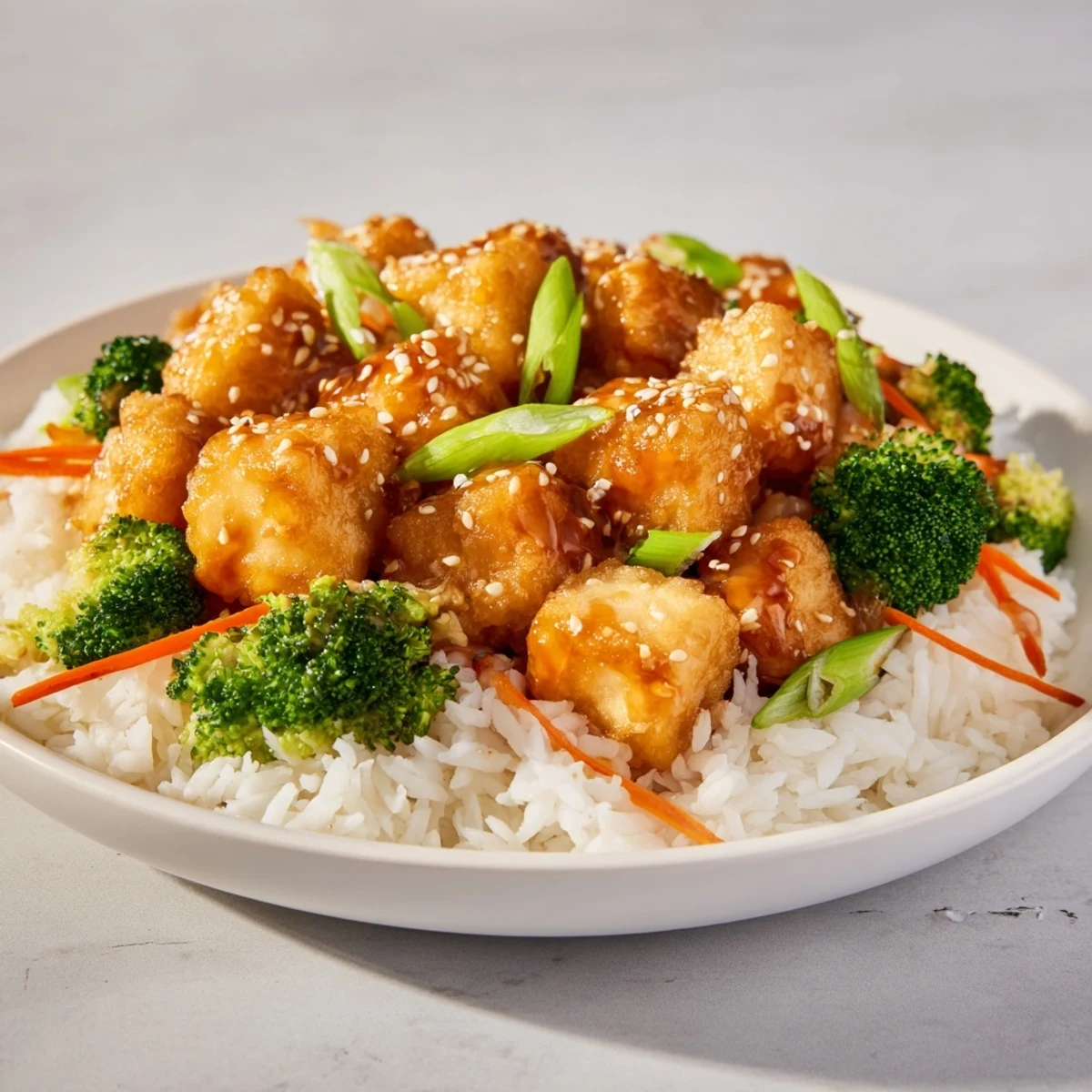 A close-up of steaming Sesame Tofu & Broccoli, boasting a rich, savory sauce over fluffy rice.