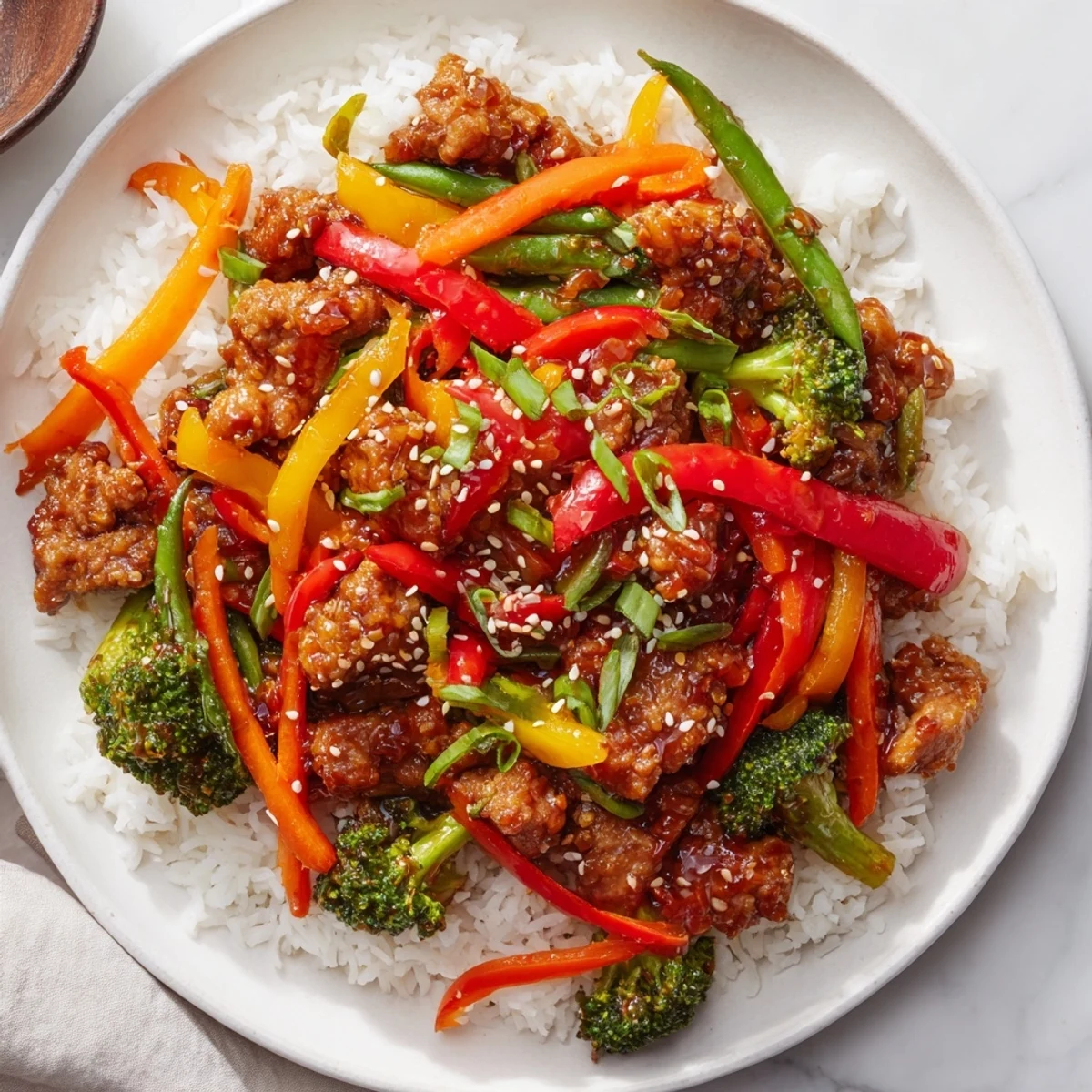Tender chicken and colorful vegetables swimming in a savory sauce, this chicken stir-fry looks so delicious.