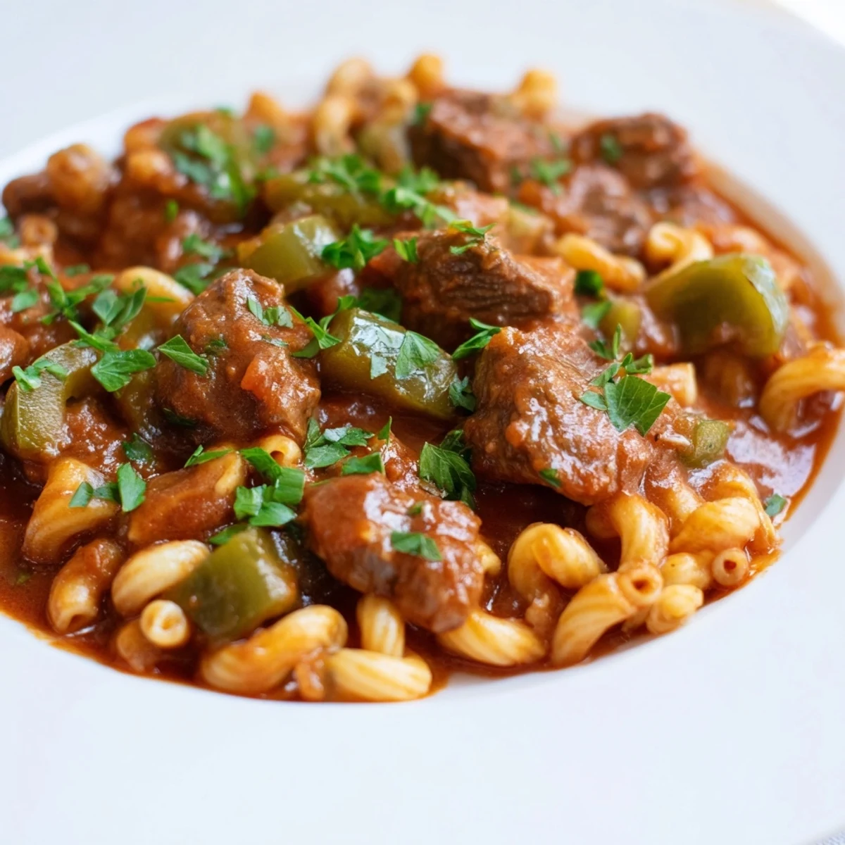 A steaming bowl of goulash with beef and pasta, garnished with fresh parsley, looks delicious.