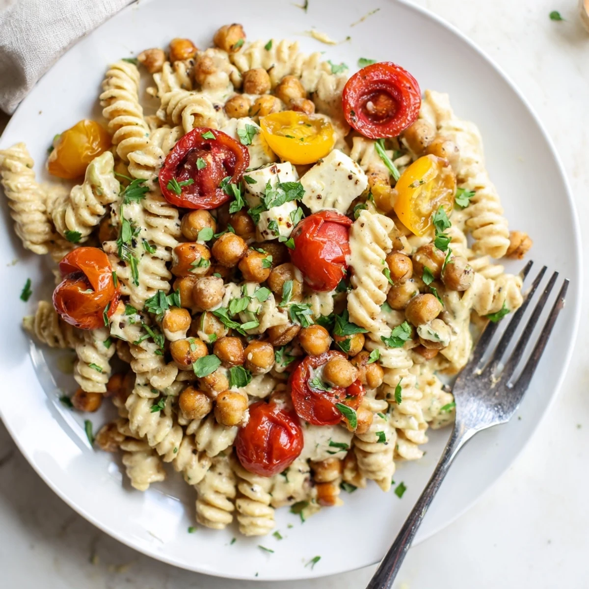 Baked feta chickpeas and tomatoes, bubbly and golden, ready to be served over pasta or rice.