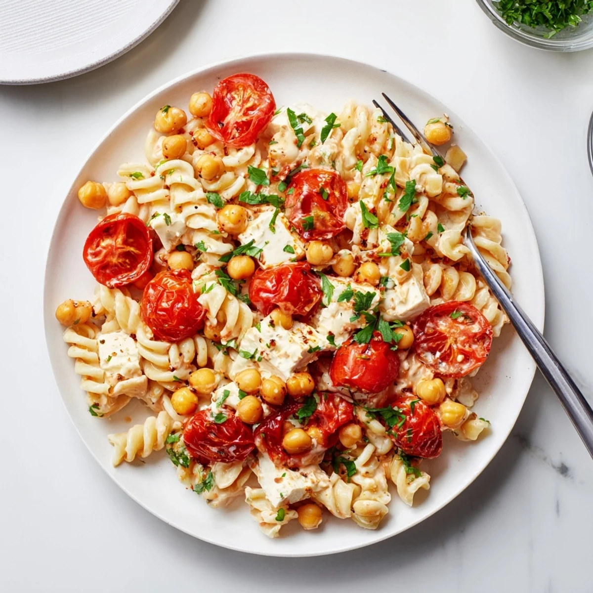 Mediterranean style baked feta chickpea recipe, showcasing roasted tomatoes and crumbled cheese atop pasta.