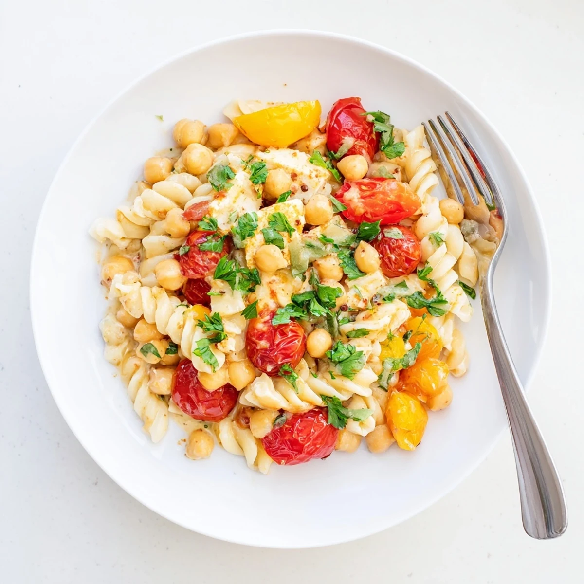 Creamy baked feta with chickpeas and sweet tomatoes, a vibrant main dish over fluffy rice or pasta.