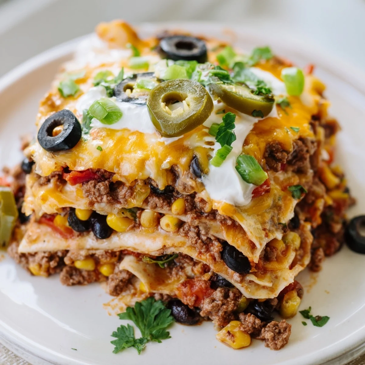 A bubbly, cheesy Taco Lasagna, layered with savory meat and colorful veggies, ready to serve.