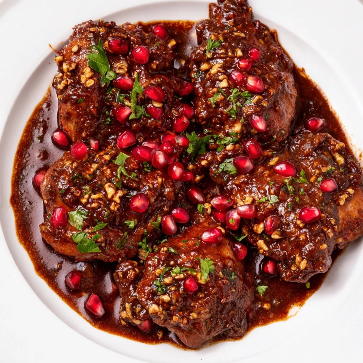 A close-up of steaming Pomegranate Walnut Fesenjan Stew, rich and glistening in a Dutch oven.