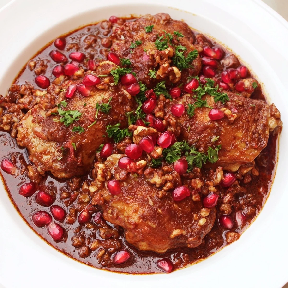 Velvety Pomegranate Walnut Fesenjan Stew, garnished with pomegranate seeds, ready to be served over rice.