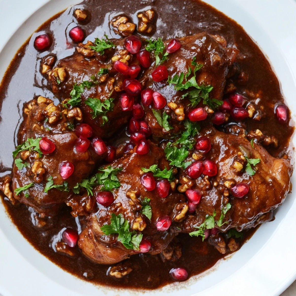 Rustic bowl filled with delicious Pomegranate Walnut Fesenjan Stew, a hearty Persian main dish.