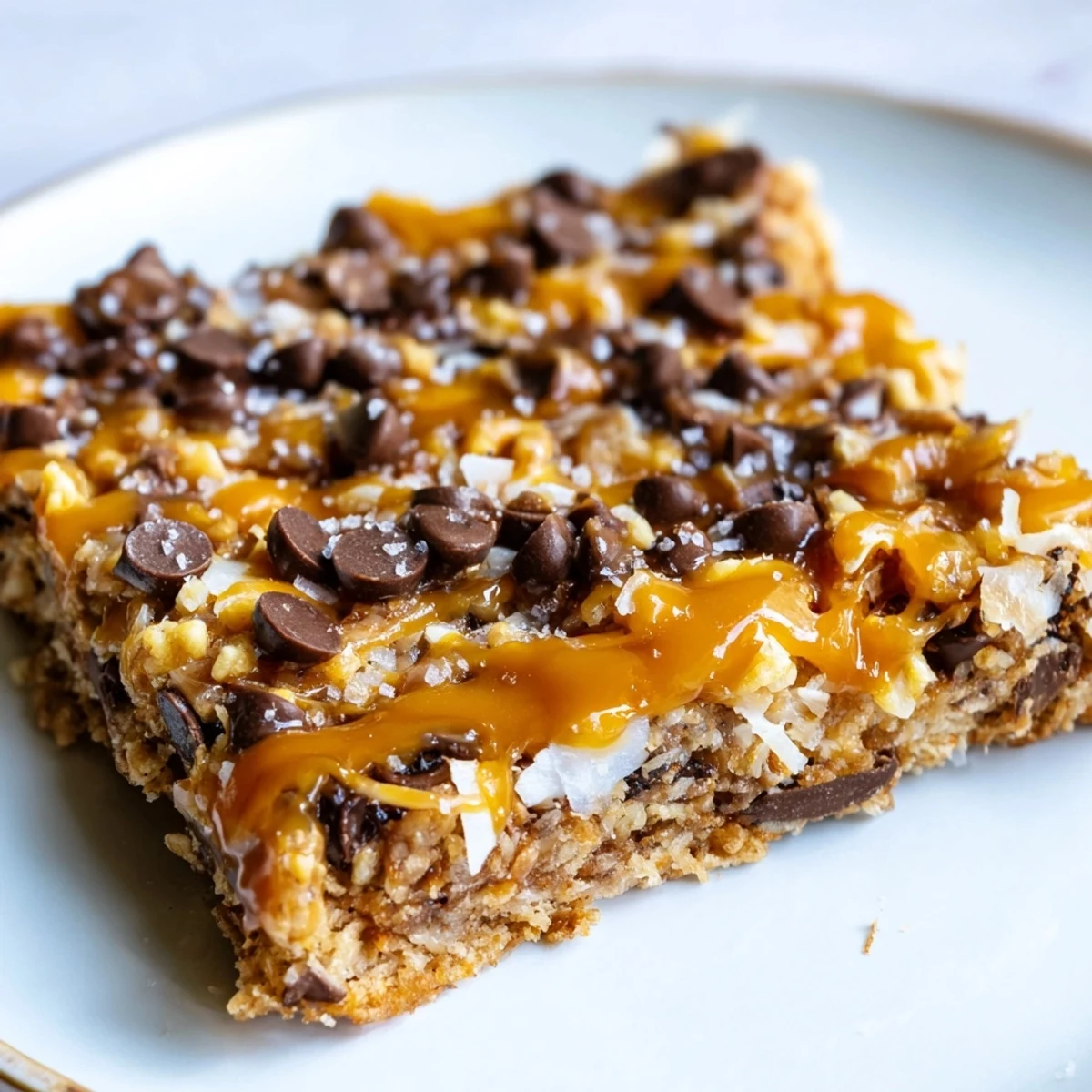 Golden brown 7-Layer Magic Bars glistening with a salted caramel drizzle, ready to be cut and served.