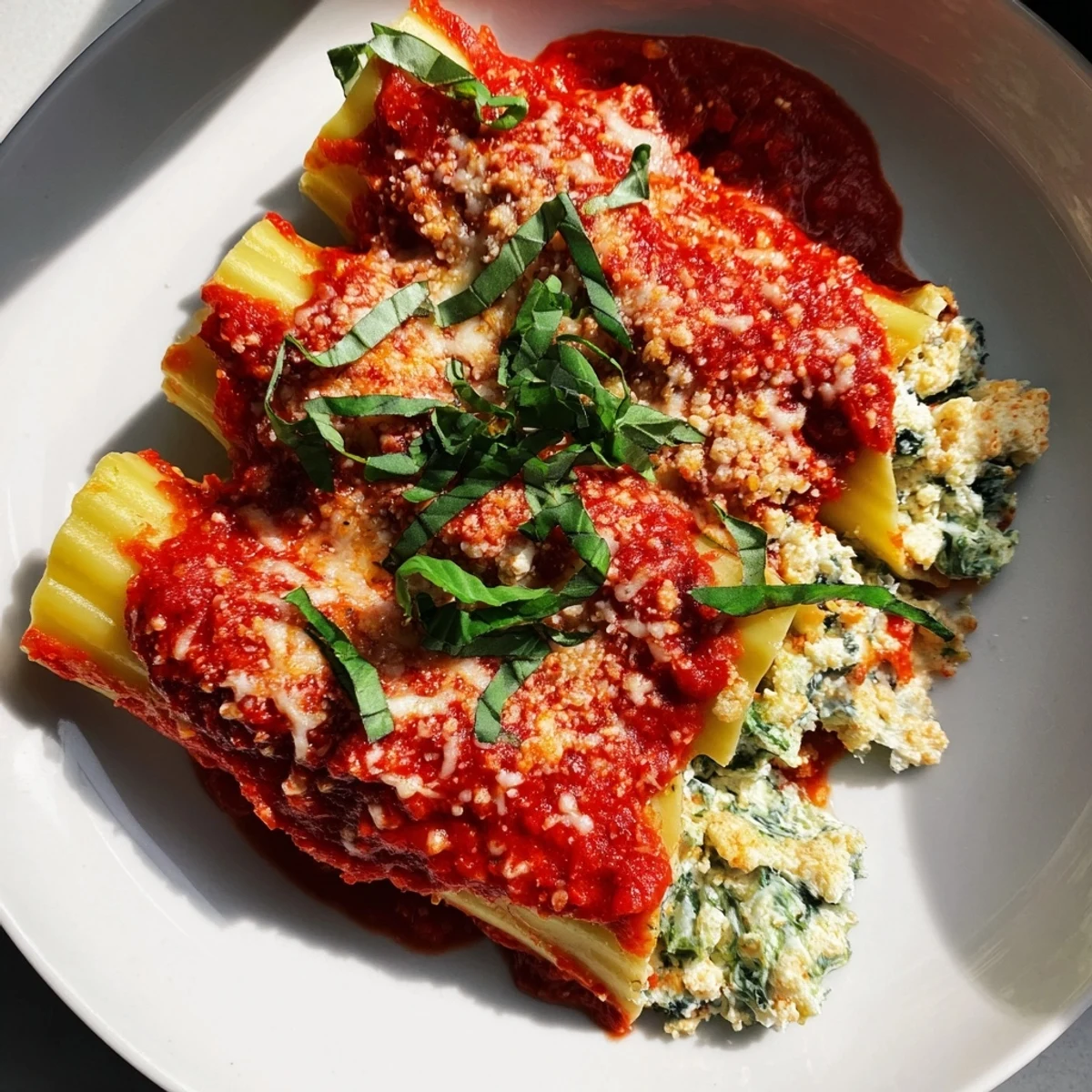 A steaming plate of Italian-American Cozy Broccoli Stuffed Manicotti, perfect for a comforting vegetarian meal.