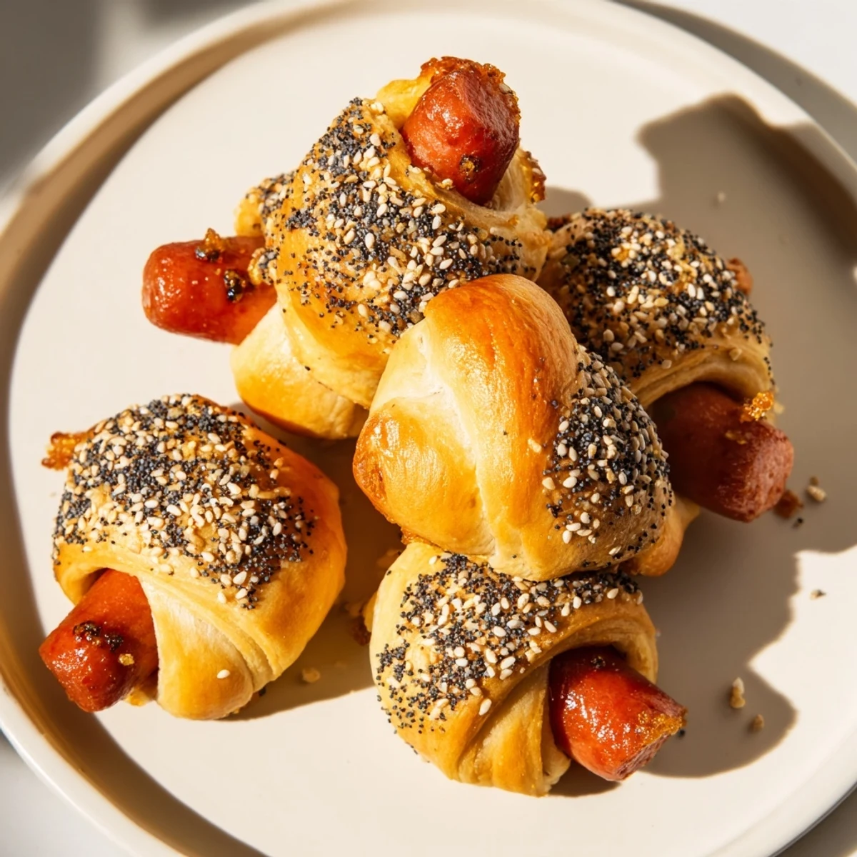 Golden, flaky Everything Bagel Pigs in a Blanket fresh from the oven, ready to eat.