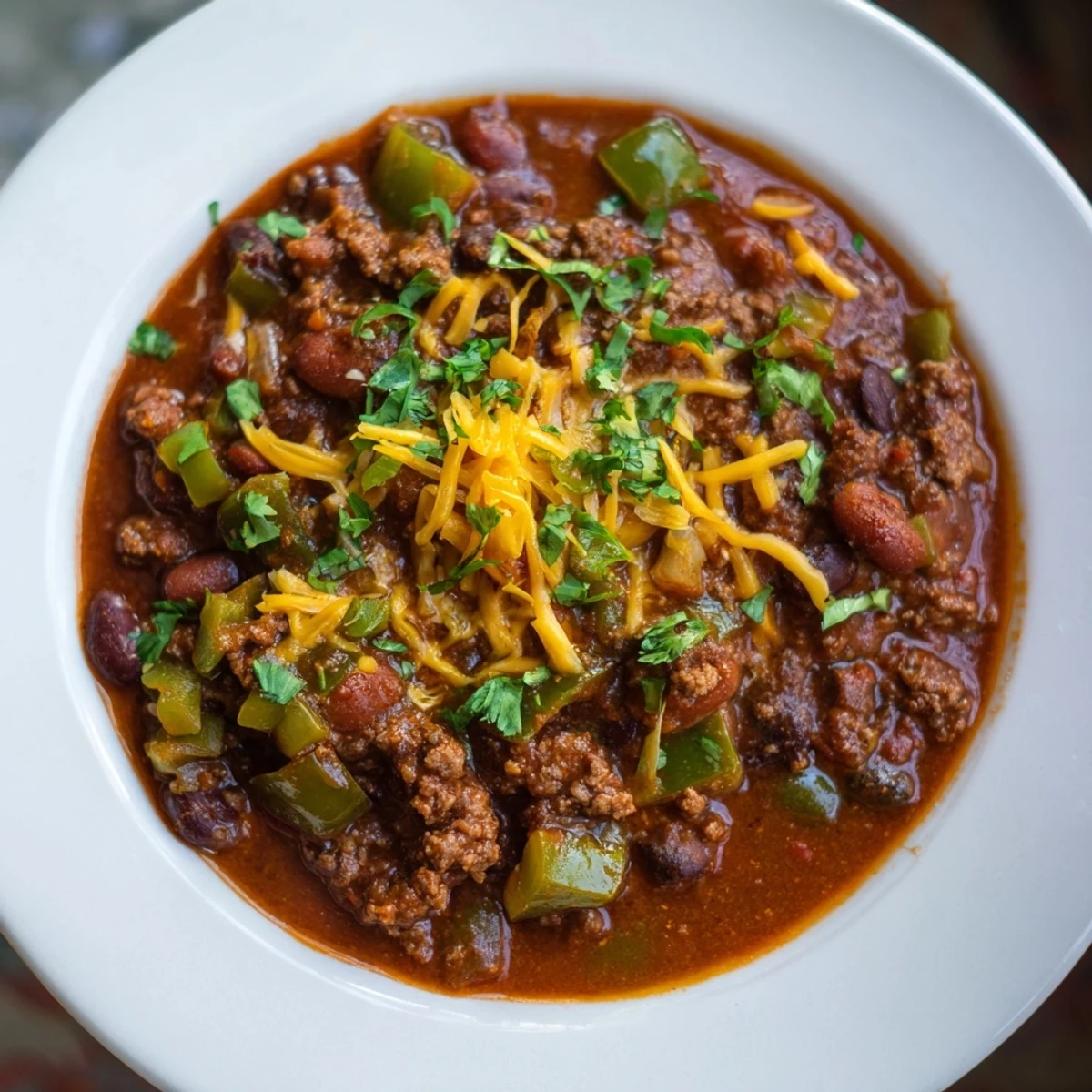 Steaming bowl of quick chili with canned beans, topped with fresh cilantro and a dollop of cream.