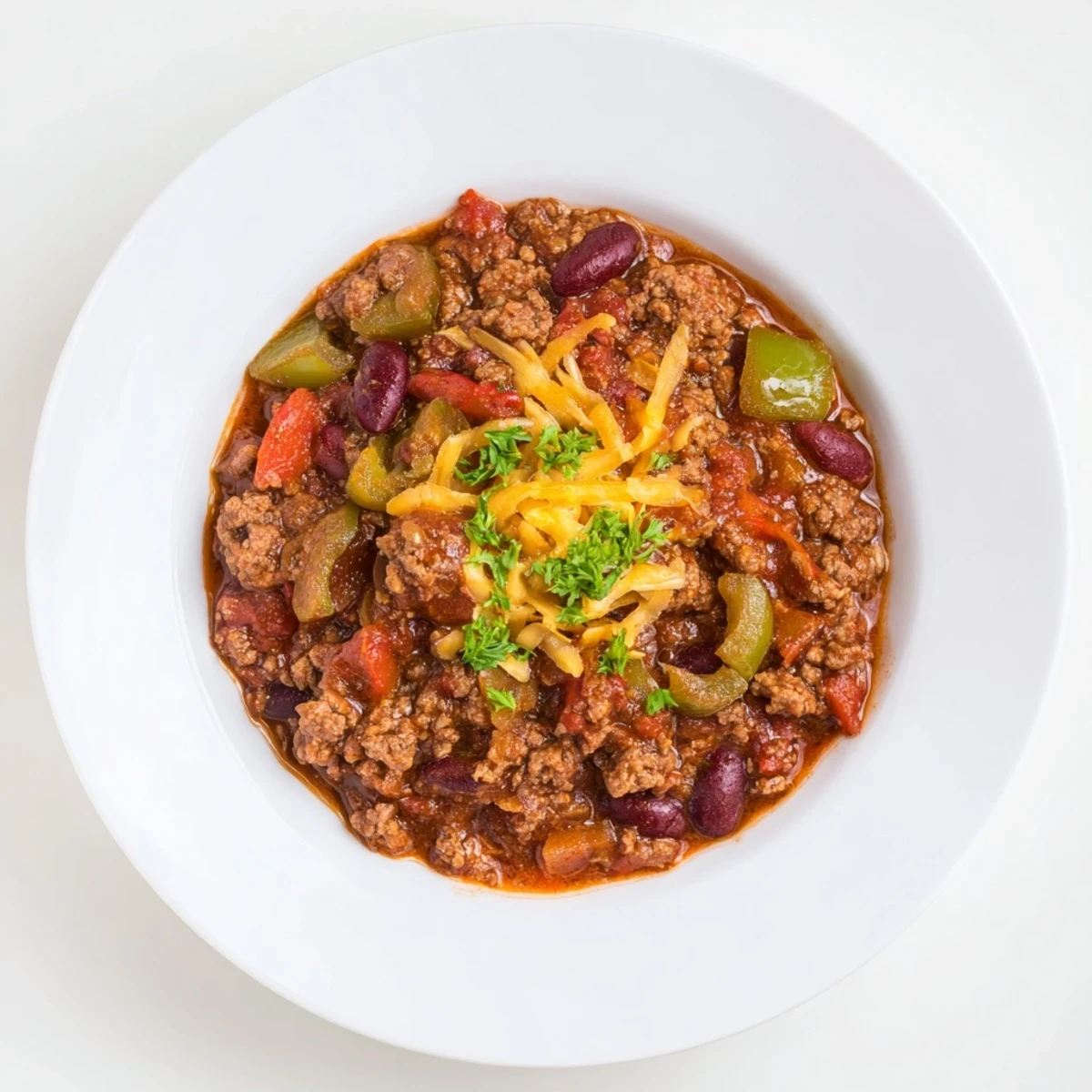 A close-up of a bubbling pot of the hearty quick chili featuring tomatoes, beans and beef.