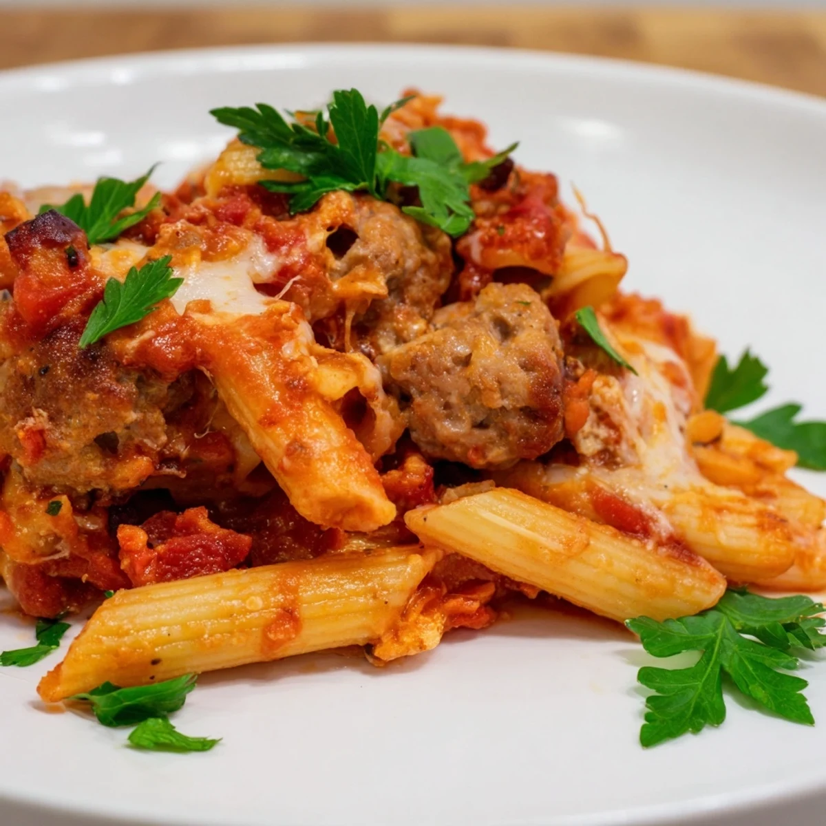 Golden, bubbly cheese covers a hearty Budget Sausage and Cheese Pasta Bake with savory sausage.