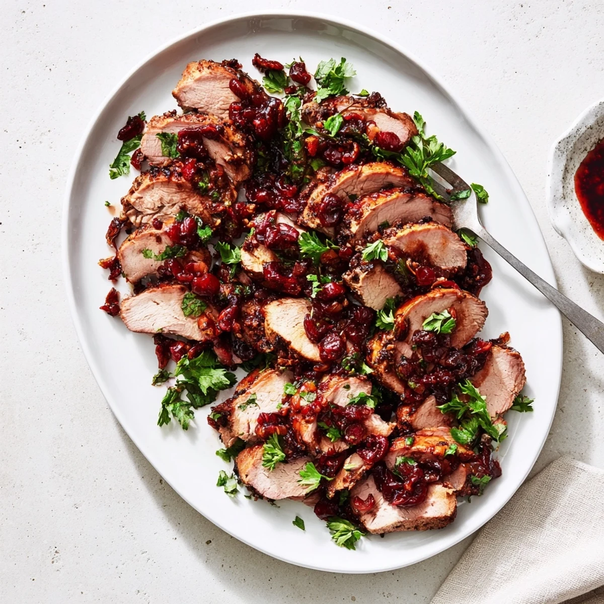 Tender, perfectly cooked Tart Cherry Date Glazed Pork Tenderloin, drizzled with a decadent cherry glaze.