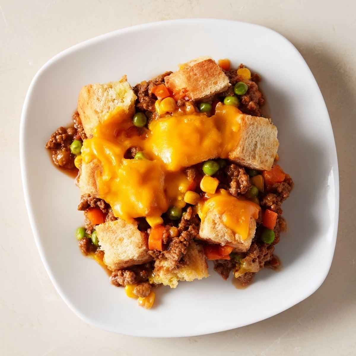Golden melted cheddar blankets the savory ground beef in this simple Sloppy Joe Casserole.