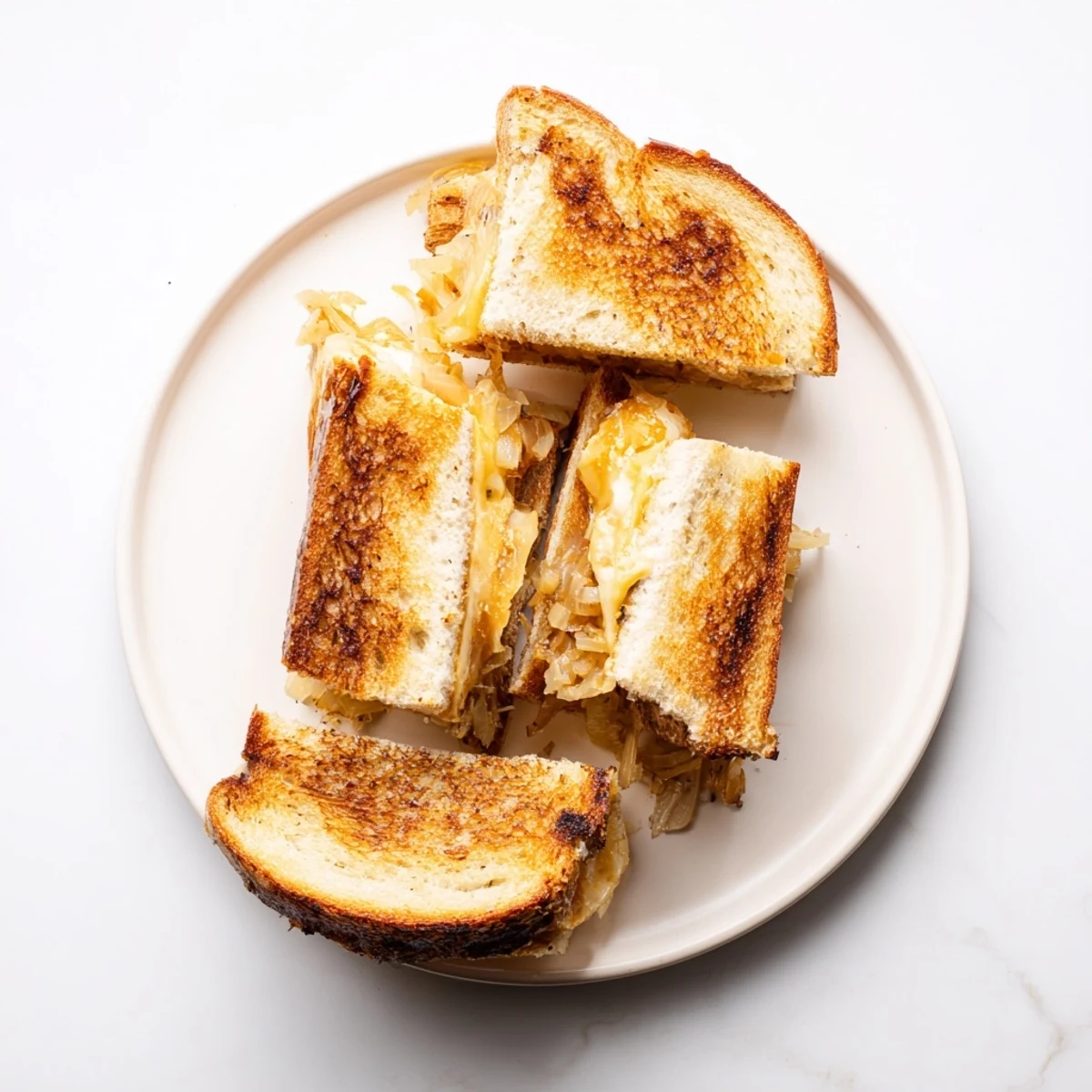 Golden, melted Gruyère and mozzarella oozing from a French Onion Grilled Cheese sandwich.