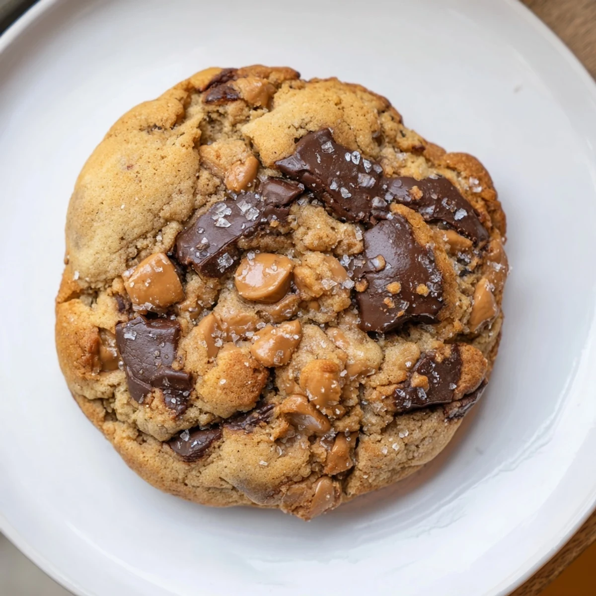 Warm Best Ever Butterscotch Chocolate Chip Cookies with sea salt, golden brown and perfectly textured, ready to eat.