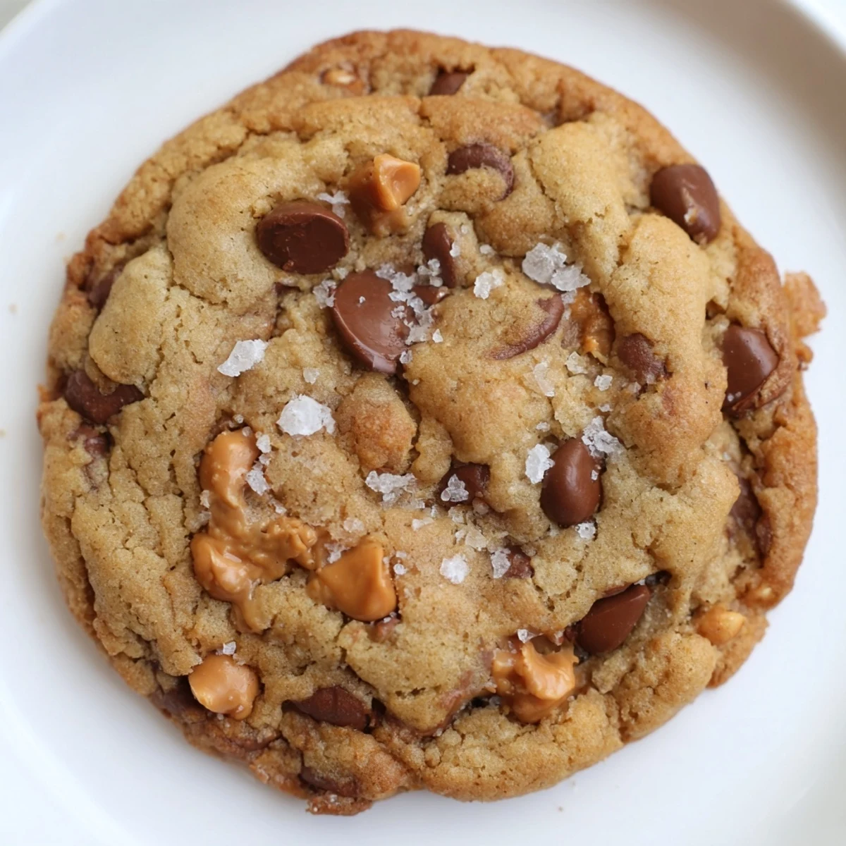 A stack of Best Ever Butterscotch Chocolate Chip Cookies, fresh from the oven, with melting chocolate and a salty finish.