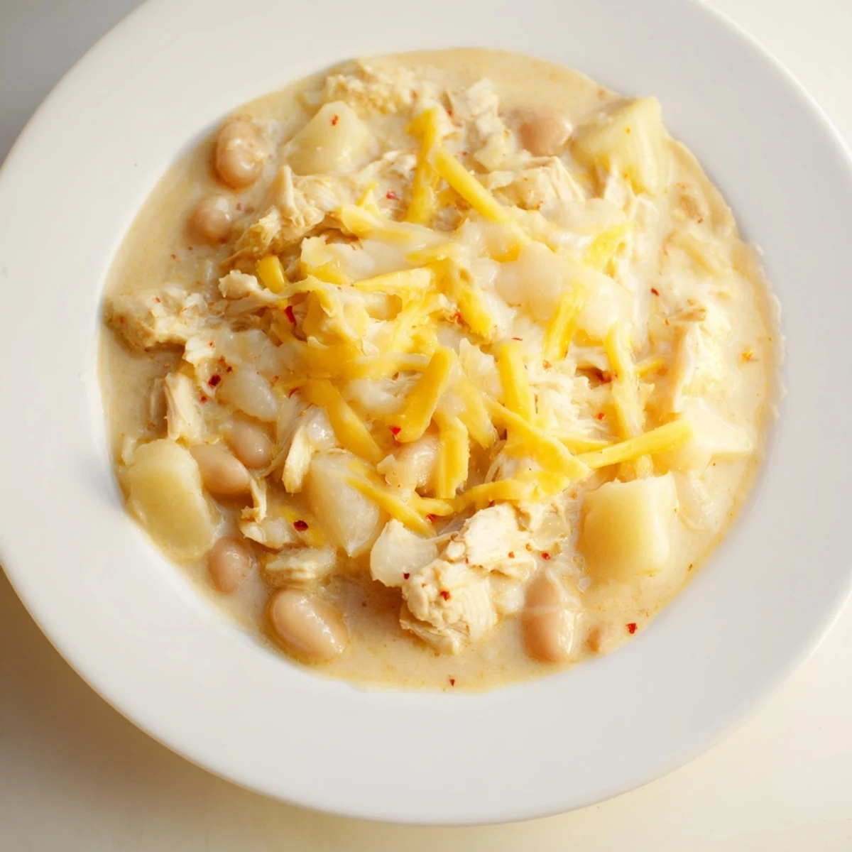 Steam rising from the delicious 35-Minute White Cheddar Apple Chicken Chili, ready to enjoy with family.